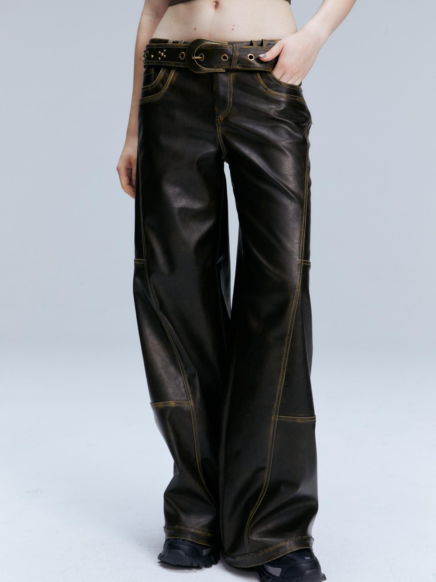 2th Desire Vintage Brown Loose Fit Low Waist Leather Pants