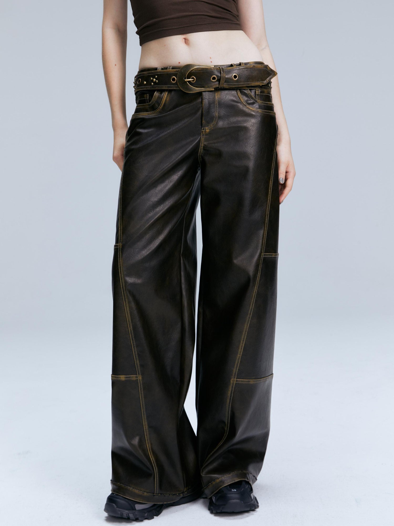 2th Desire Vintage Brown Loose Fit Low Waist Leather Pants
