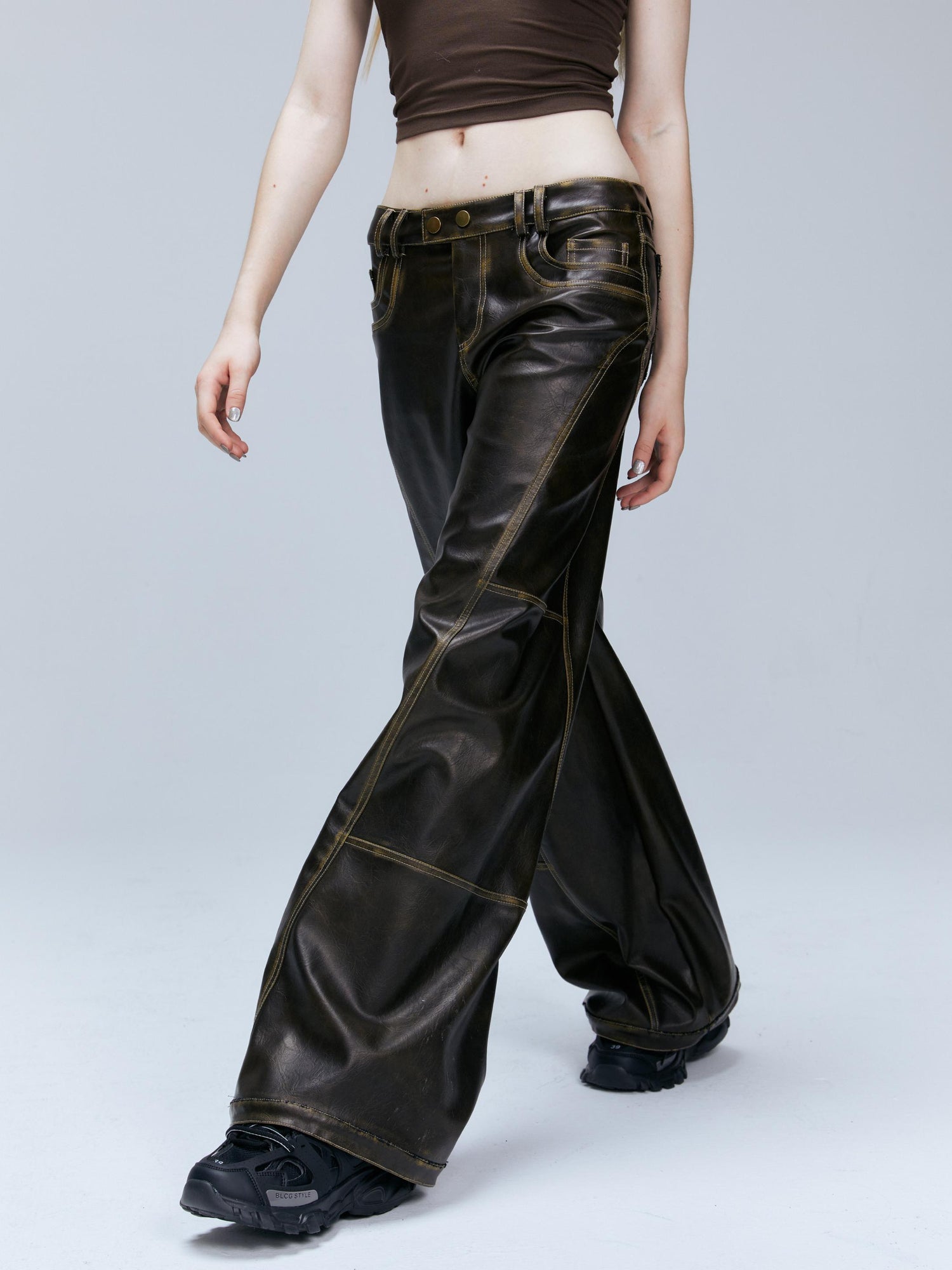 2th Desire Vintage Brown Loose Fit Low Waist Leather Pants