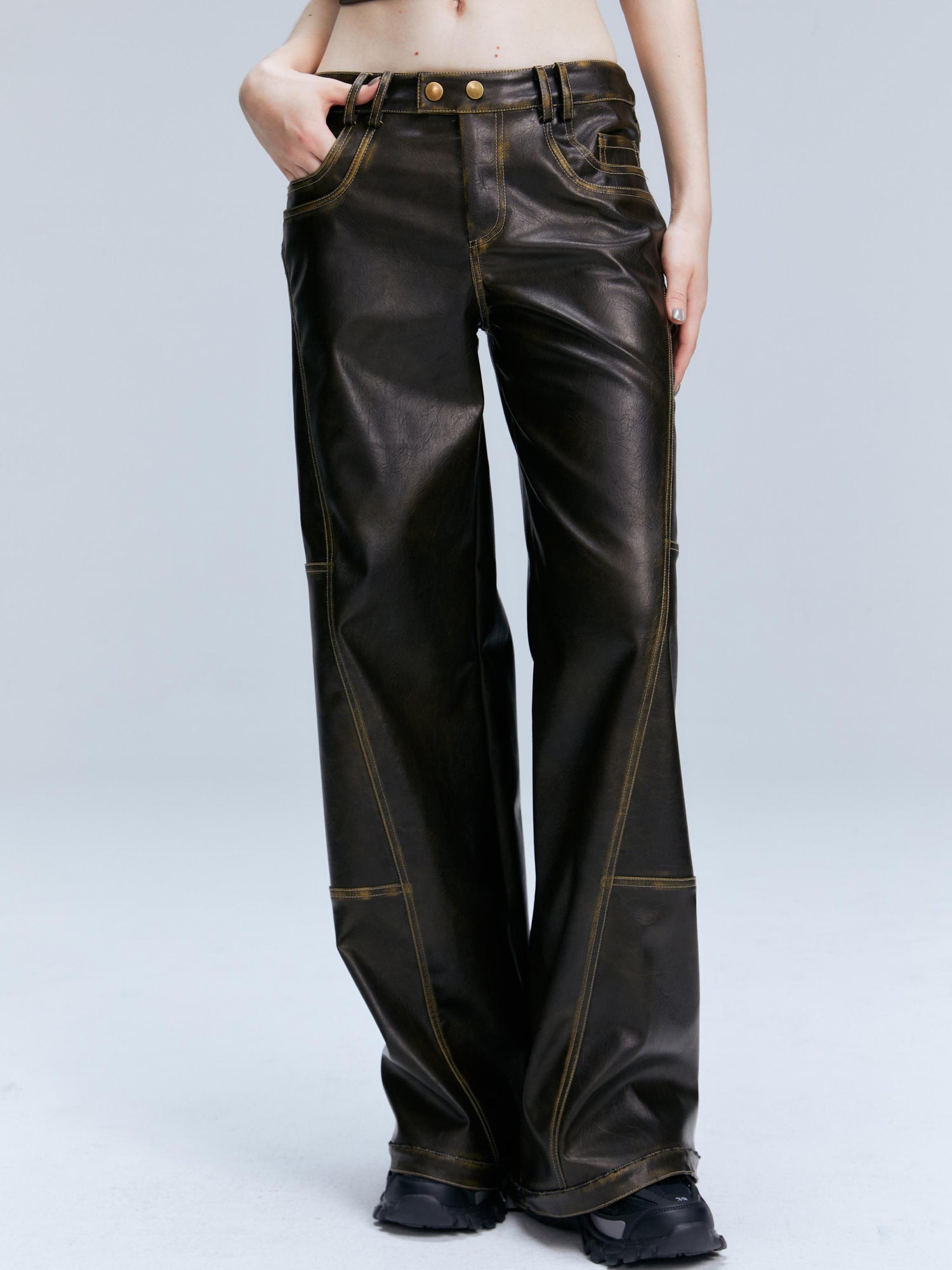 2th Desire Vintage Brown Loose Fit Low Waist Leather Pants