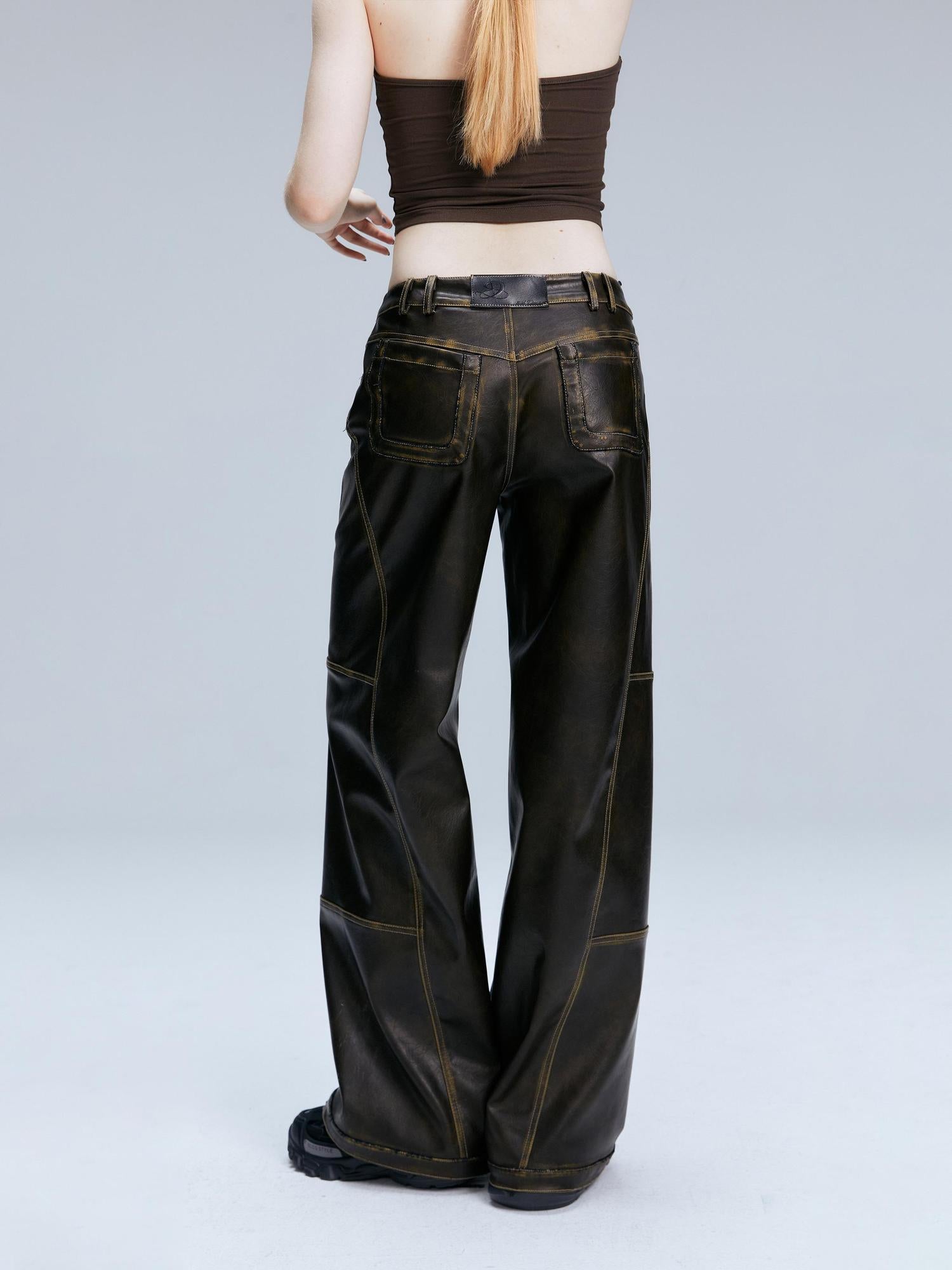 2th Desire Vintage Brown Loose Fit Low Waist Leather Pants