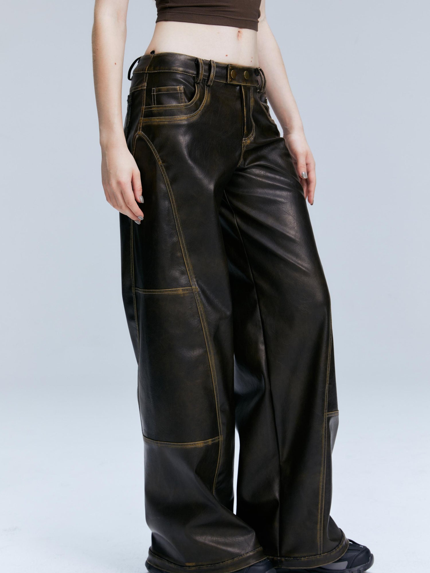 2th Desire Vintage Brown Loose Fit Low Waist Leather Pants