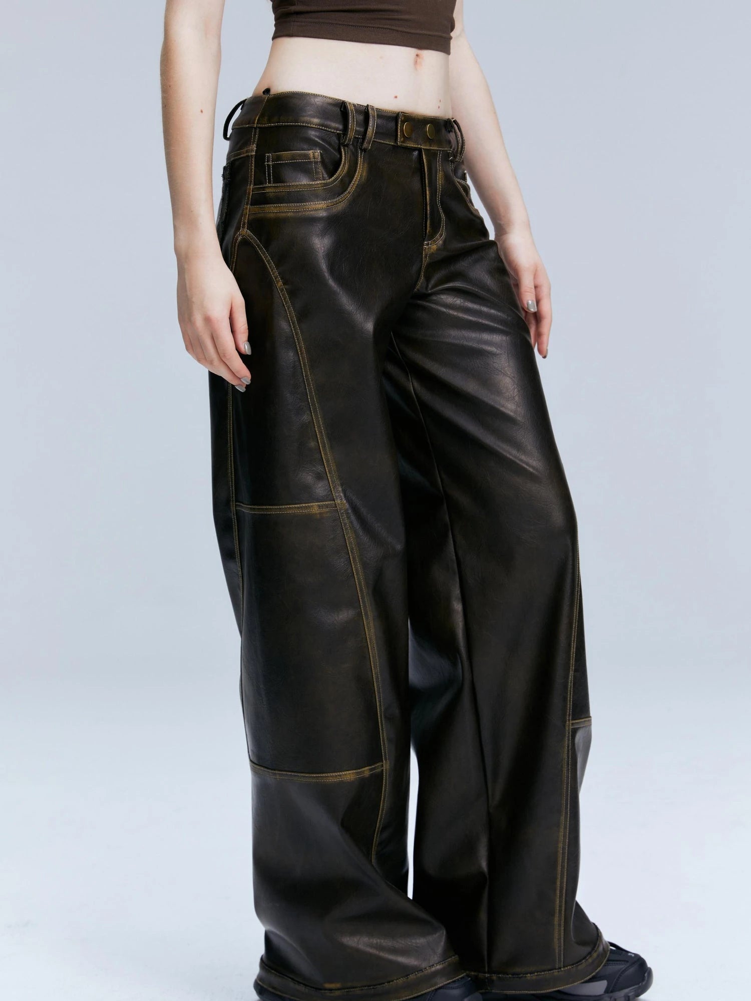 Vintage Brown Loose Fit Low Waist Leather Pants