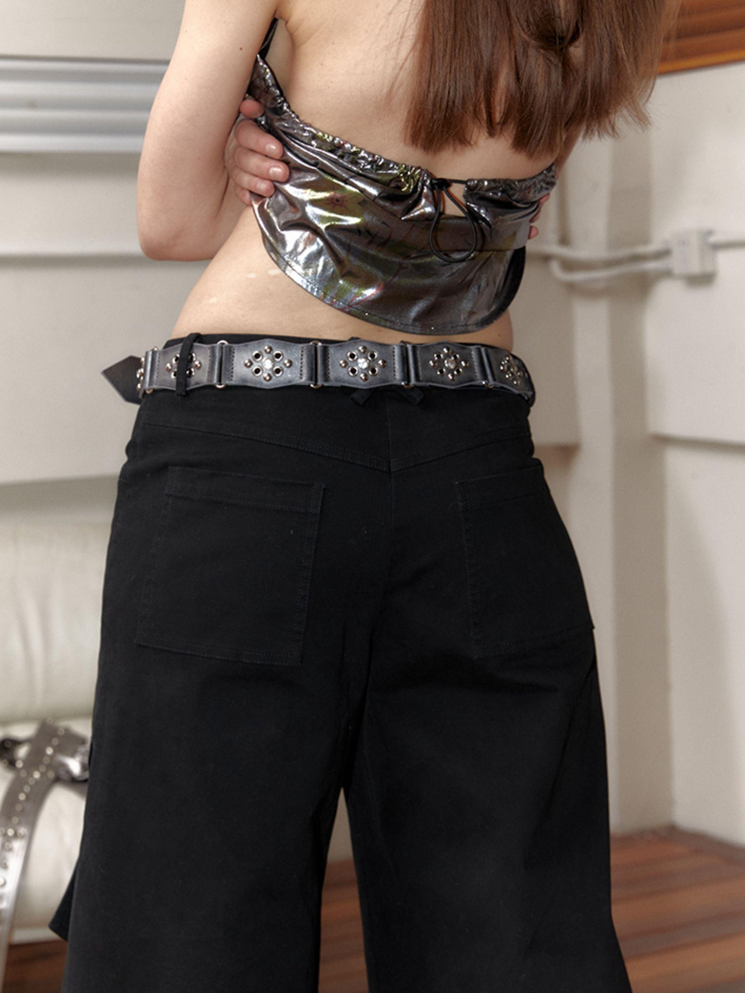 2th Desire Vintage Brown Pu Leather Belt With Y2k Diamond Design