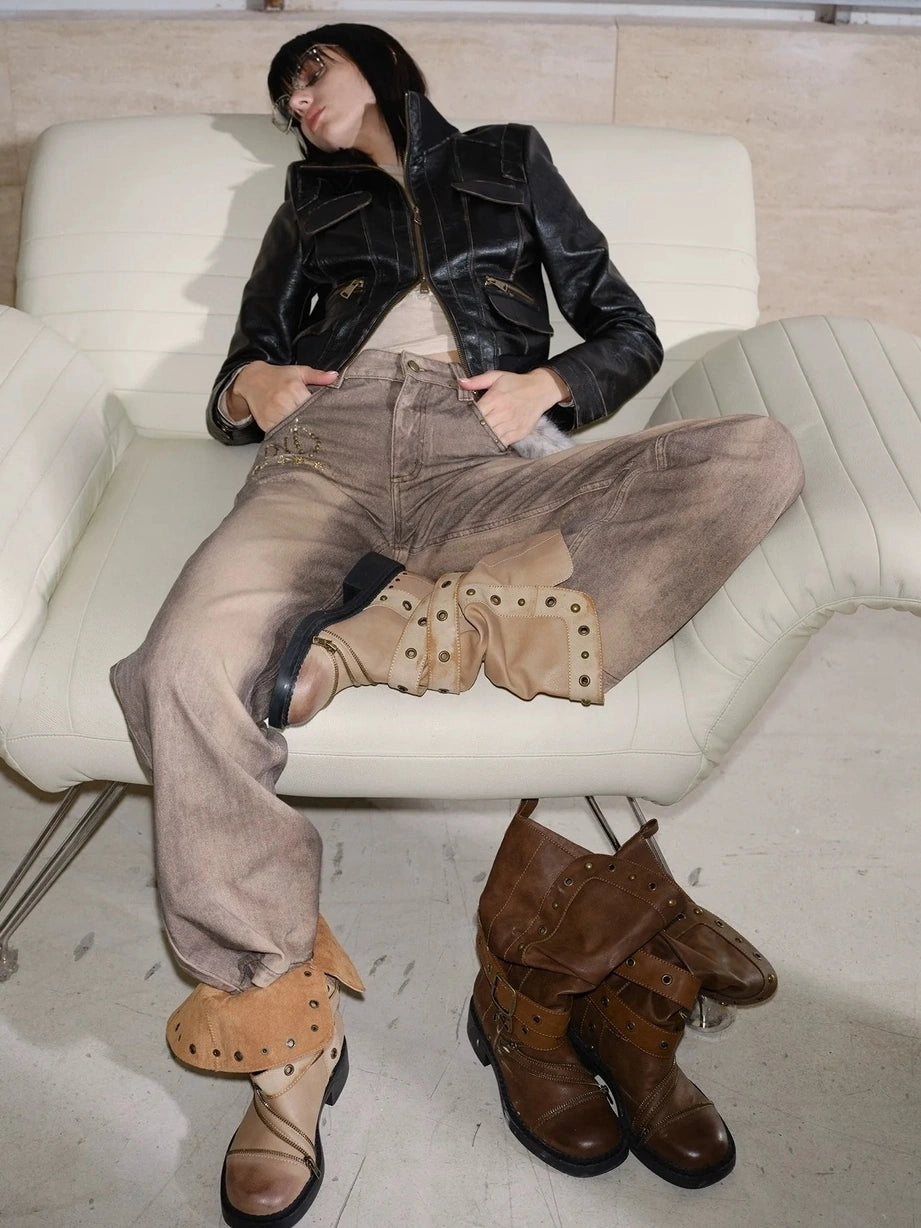 2th Desire Vintage Brown Stacked Mid Calf Punk Boots Boots