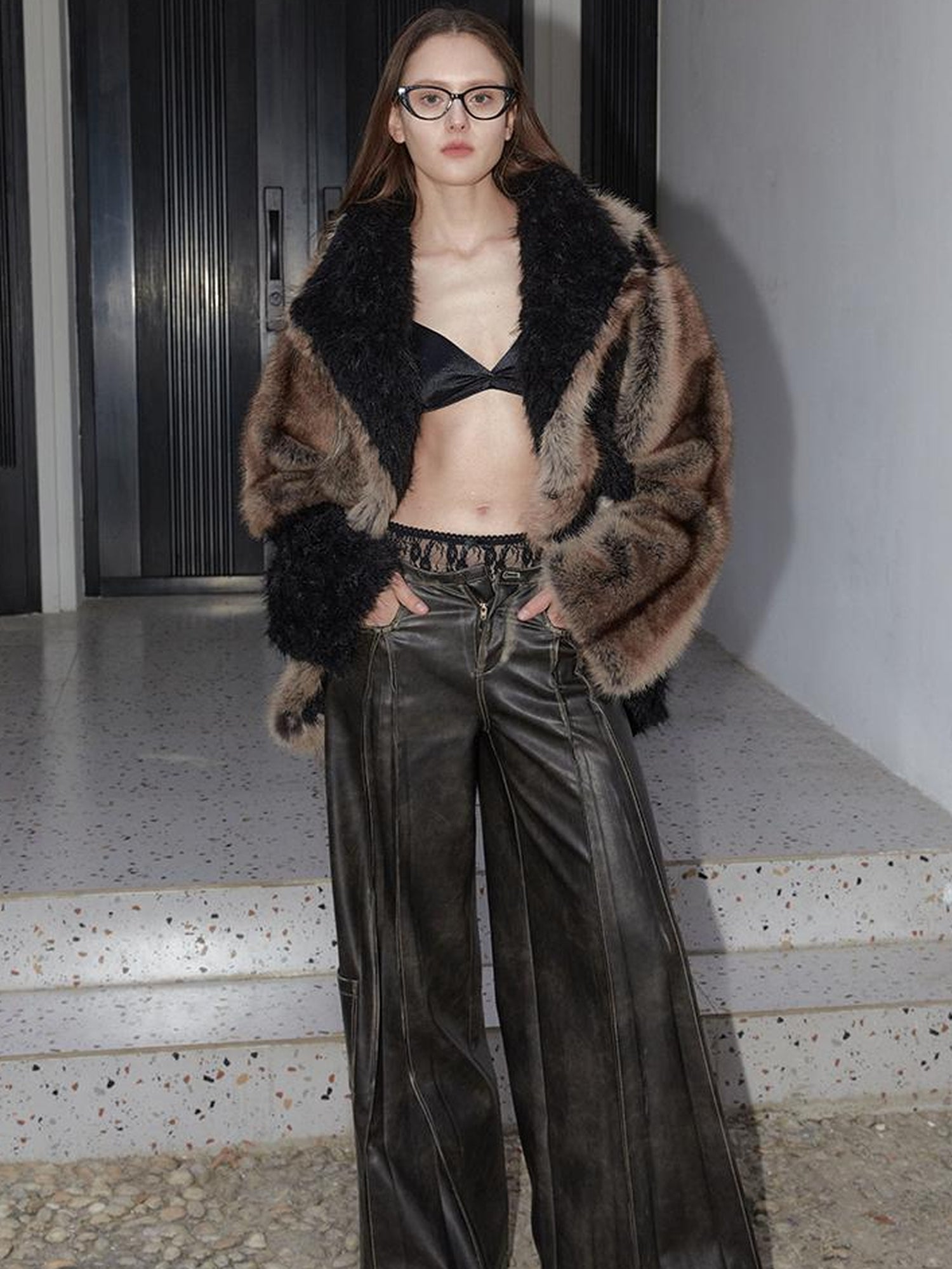 2th Desire Vintage Chunky Color Block Faux Fur Winter Coat