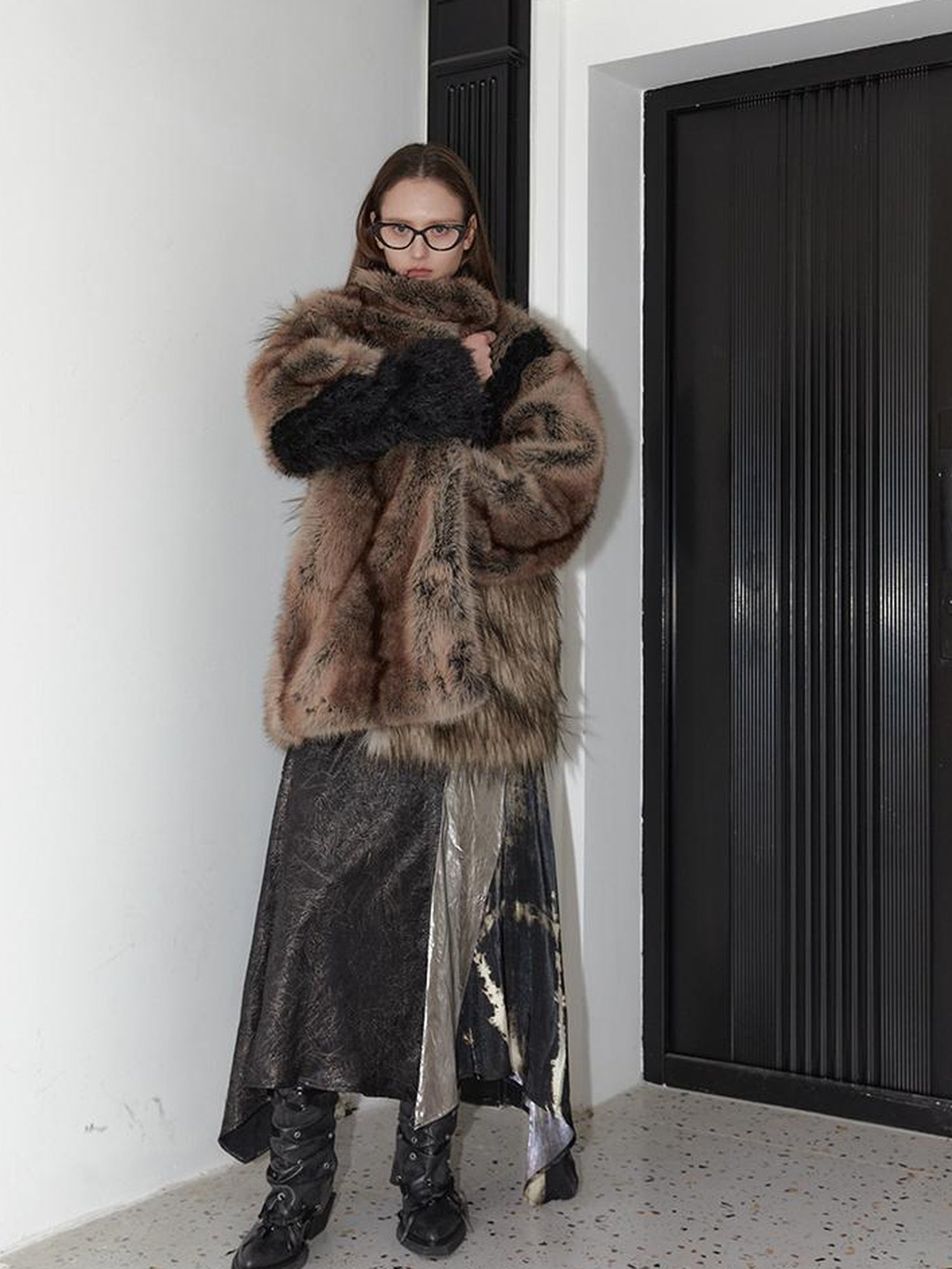 2th Desire Vintage Chunky Color Block Faux Fur Winter Coat