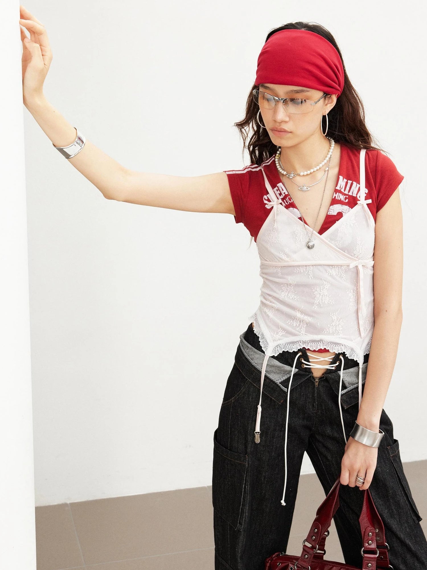 Vintage Distressed Number Print Fitted V-Neck T-Shirt