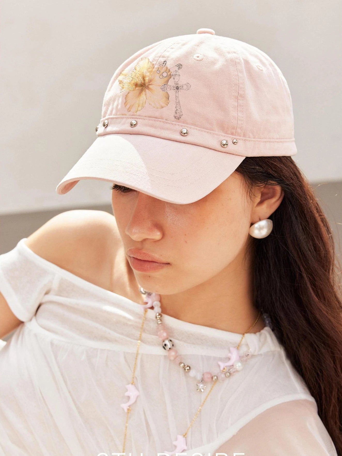 2th Desire Vintage Hibiscus Punk Studded Embroidered Baseball Cap Hat