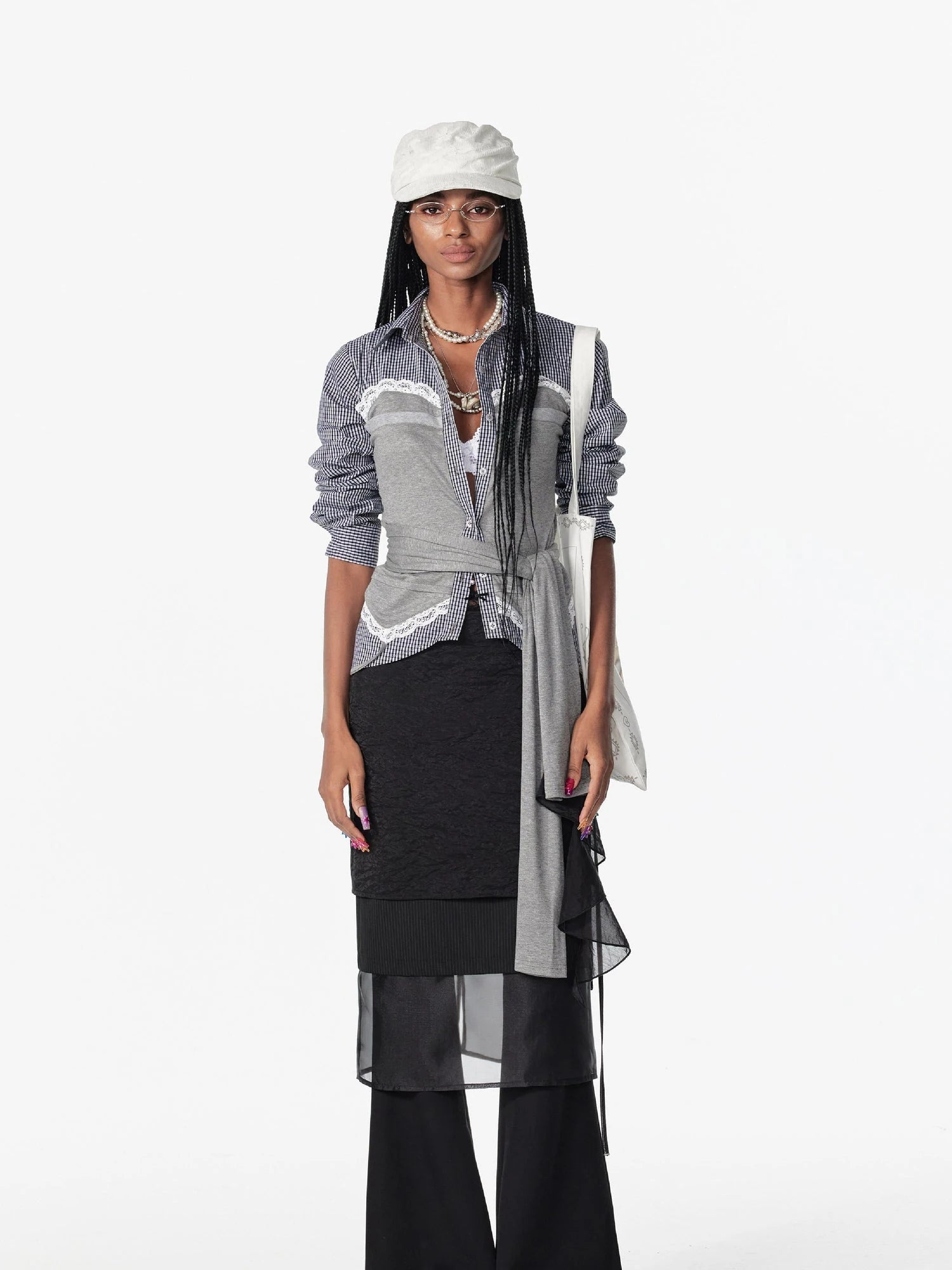 Vintage Lace Plaid Striped Knit Tie Up Long Sleeve Shirt