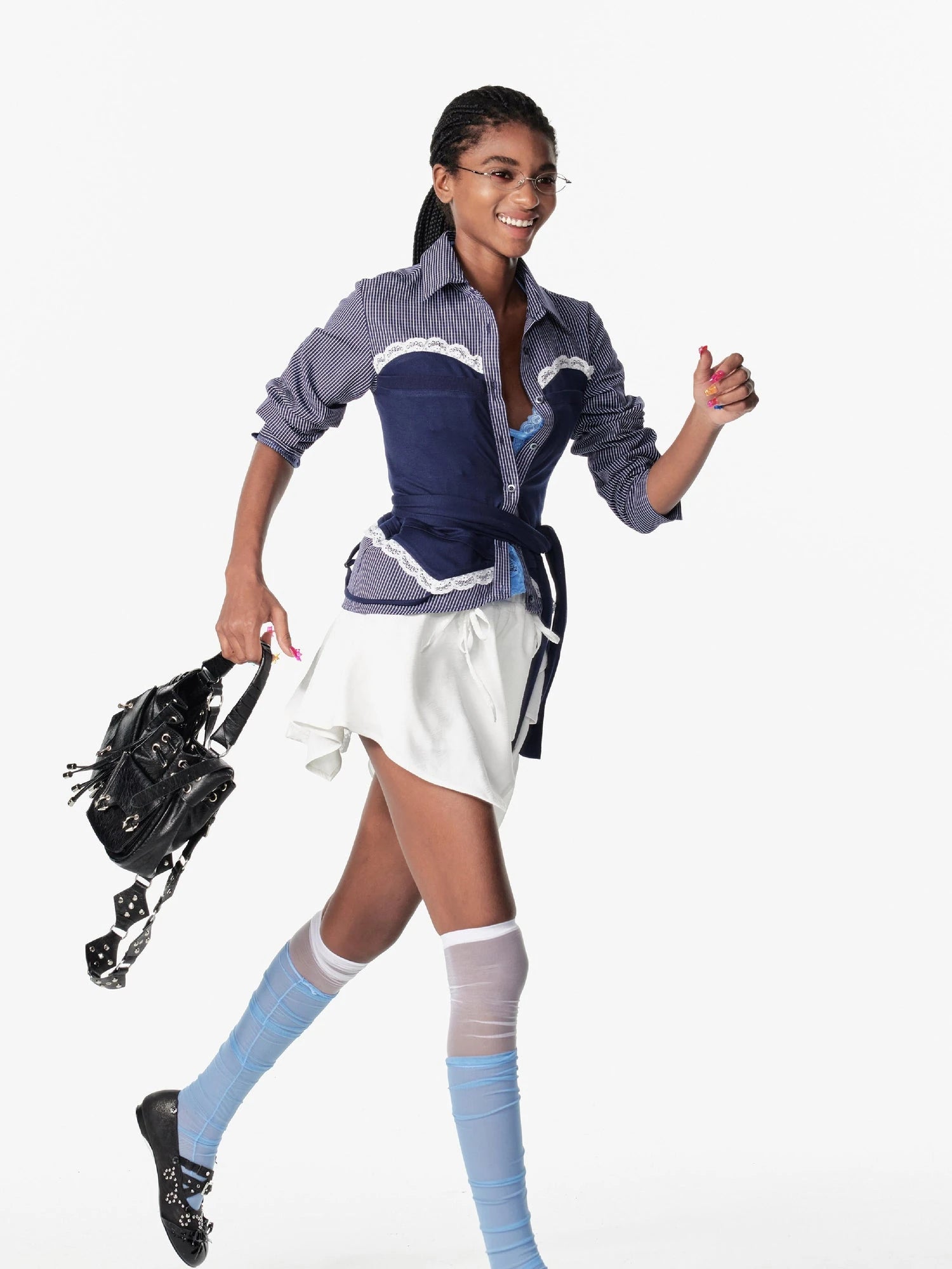 Vintage Lace Plaid Striped Knit Tie Up Long Sleeve Shirt