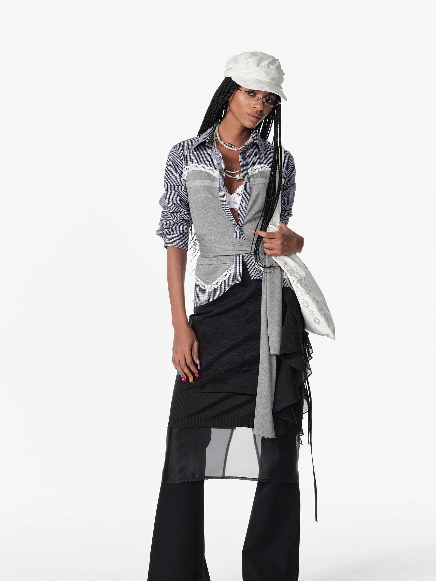 Vintage Lace Plaid Striped Knit Tie Up Long Sleeve Shirt