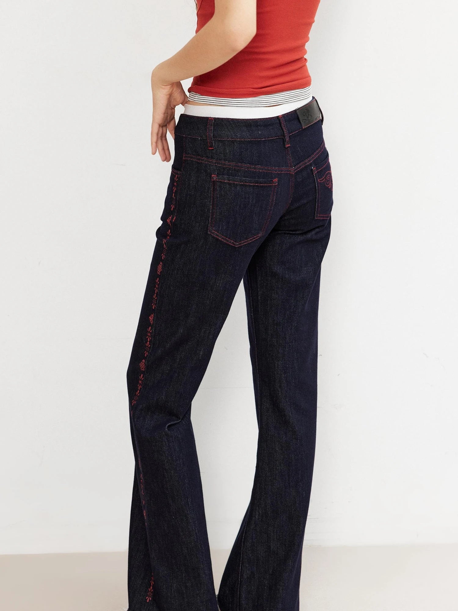 Vintage Red Stripe Rhinestone Print Low Rise Straight Jeans