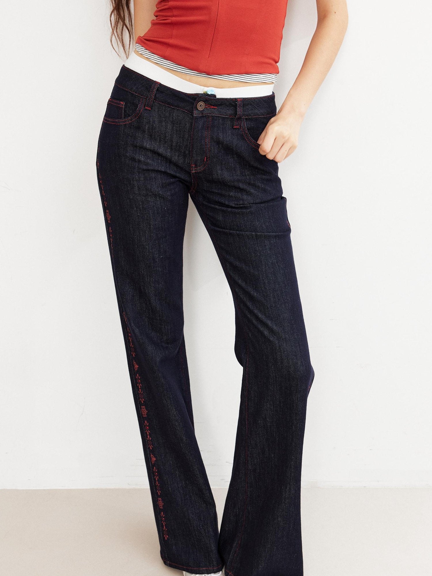 2th Desire Vintage Red Stripe Rhinestone Print Low Rise Straight Jeans