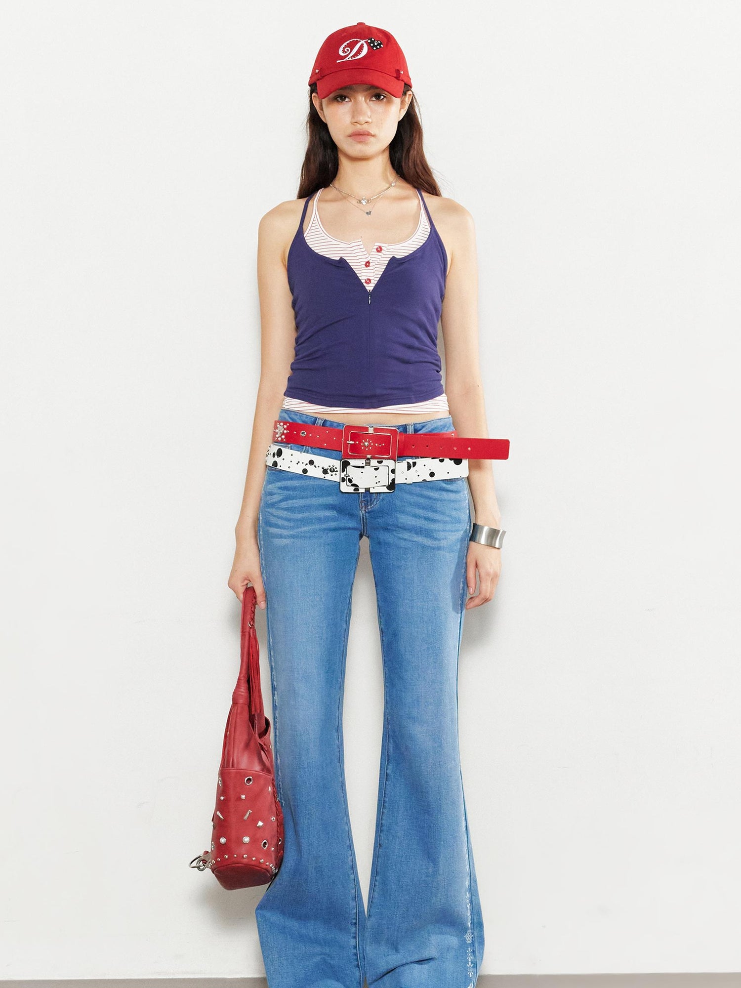 2th Desire Vintage Red Stripe Rhinestone Print Low Rise Straight Jeans