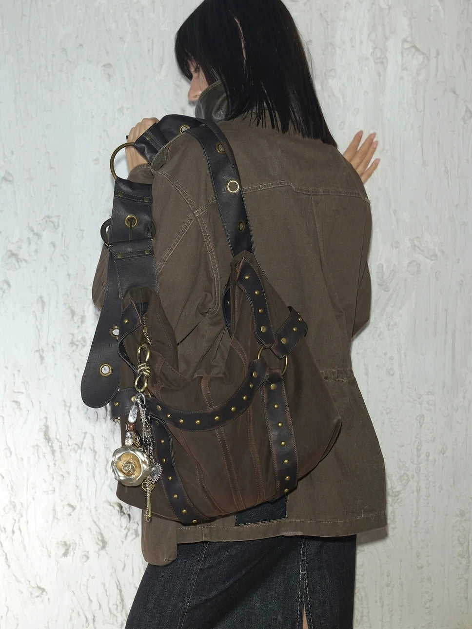 2th Desire Vintage Rivet Studded Crossbody Bag With Wide Strap