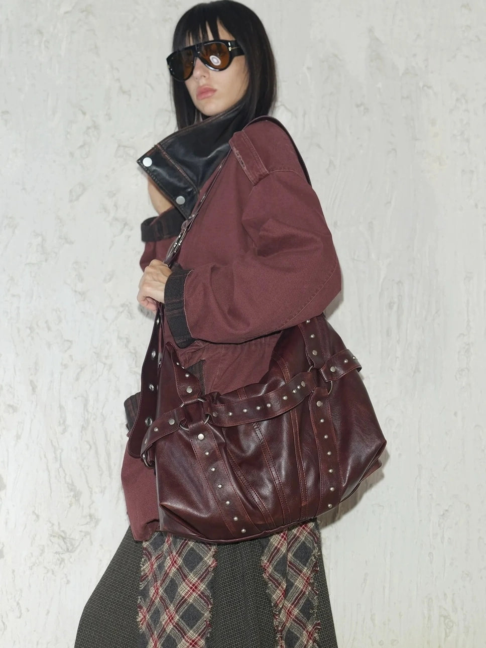 2th Desire Vintage Rivet Studded Crossbody Bag With Wide Strap