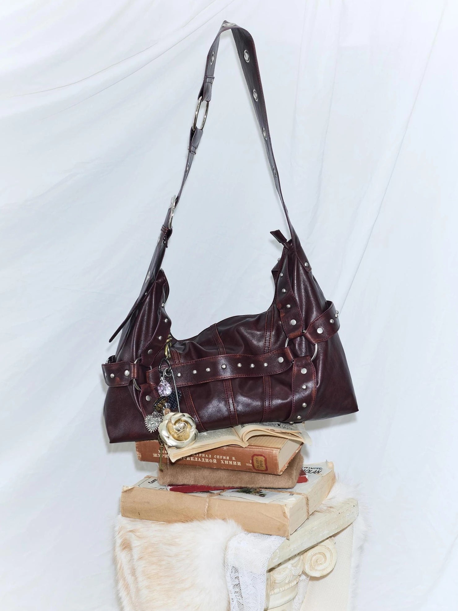 2th Desire Vintage Rivet Studded Crossbody Bag With Wide Strap