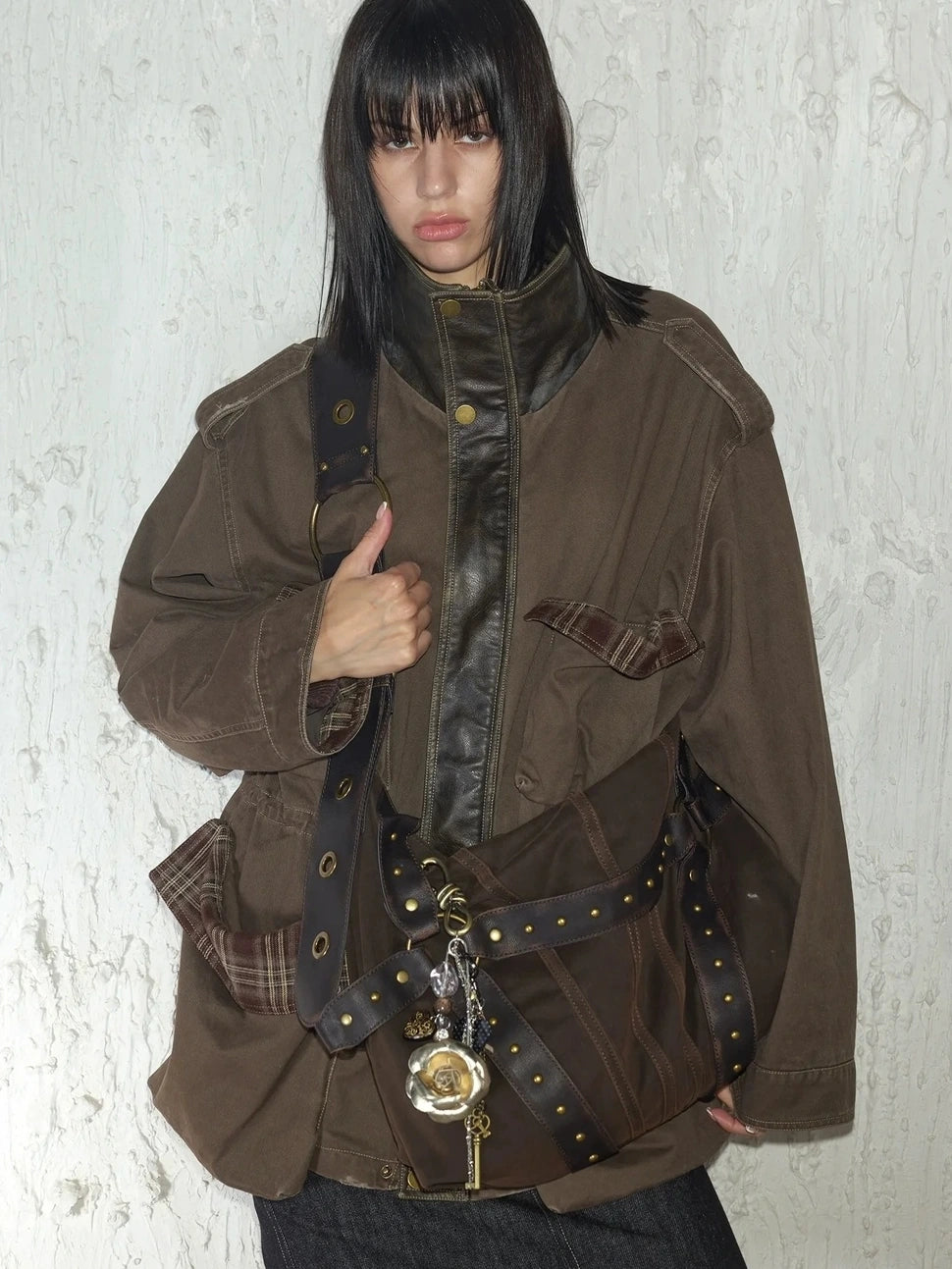 2th Desire Vintage Rivet Studded Crossbody Bag With Wide Strap