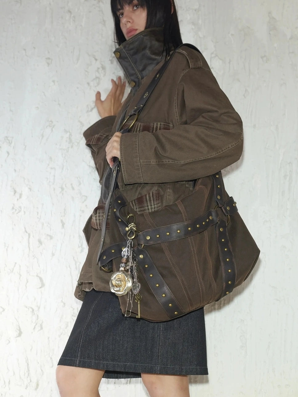 2th Desire Vintage Rivet Studded Crossbody Bag With Wide Strap