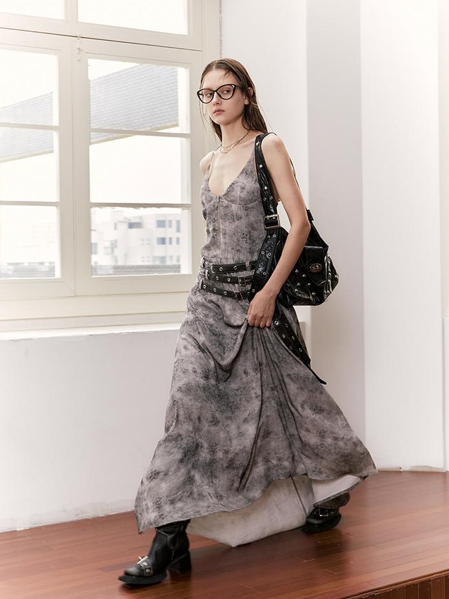 2th Desire Vintage Velvet Sleeveless Long Dress With Multi Waist Belts