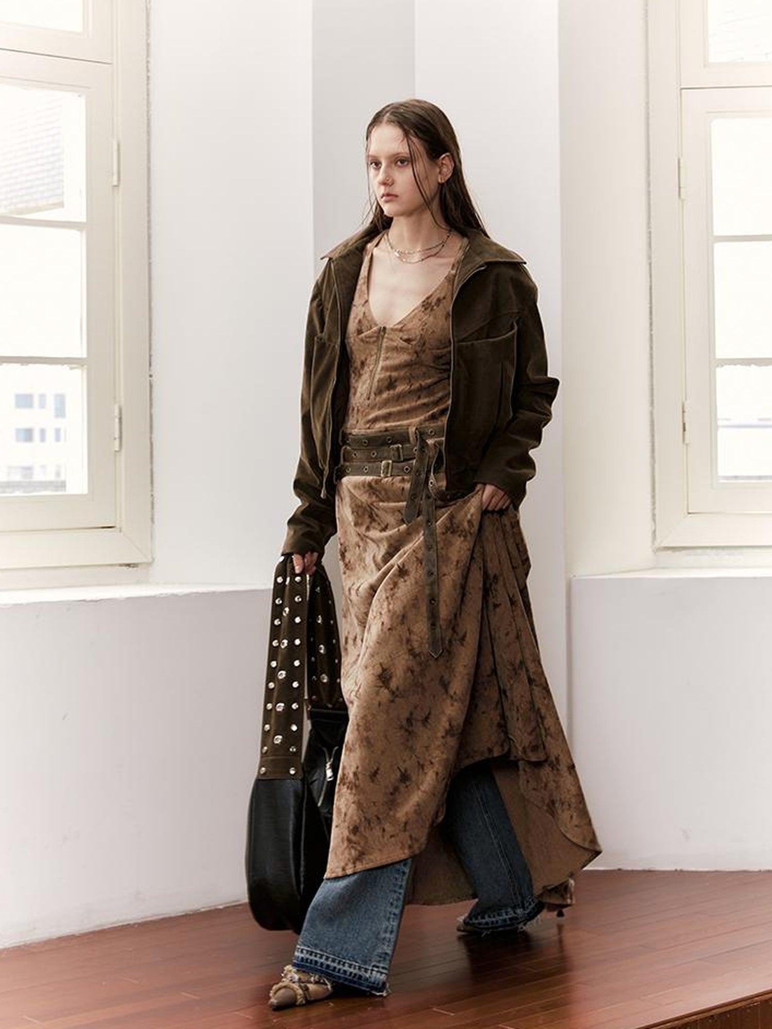 2th Desire Vintage Velvet Sleeveless Long Dress With Multi Waist Belts