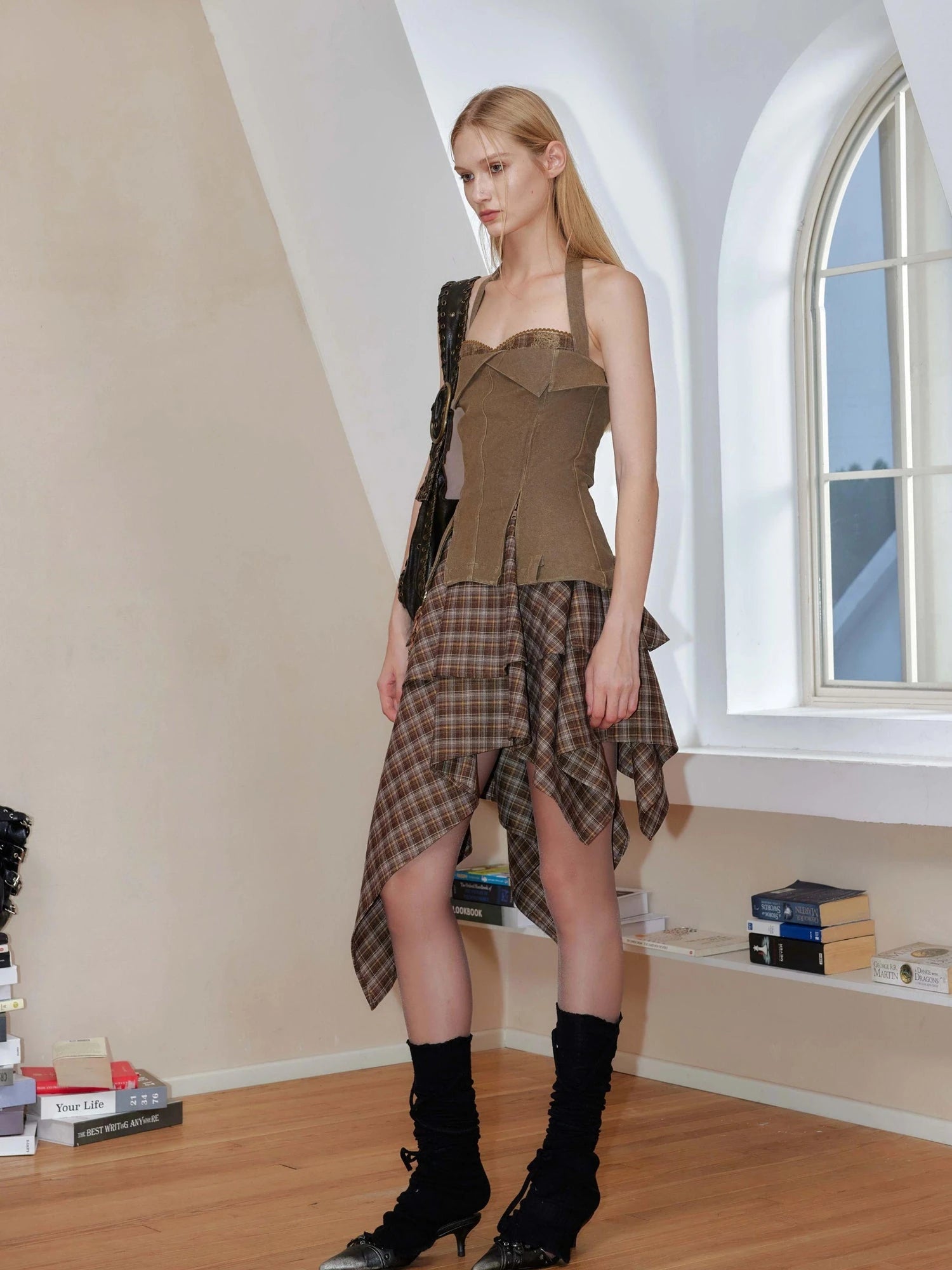 Vintage Wash Punk Plaid Patchwork Halter V Neck Dress