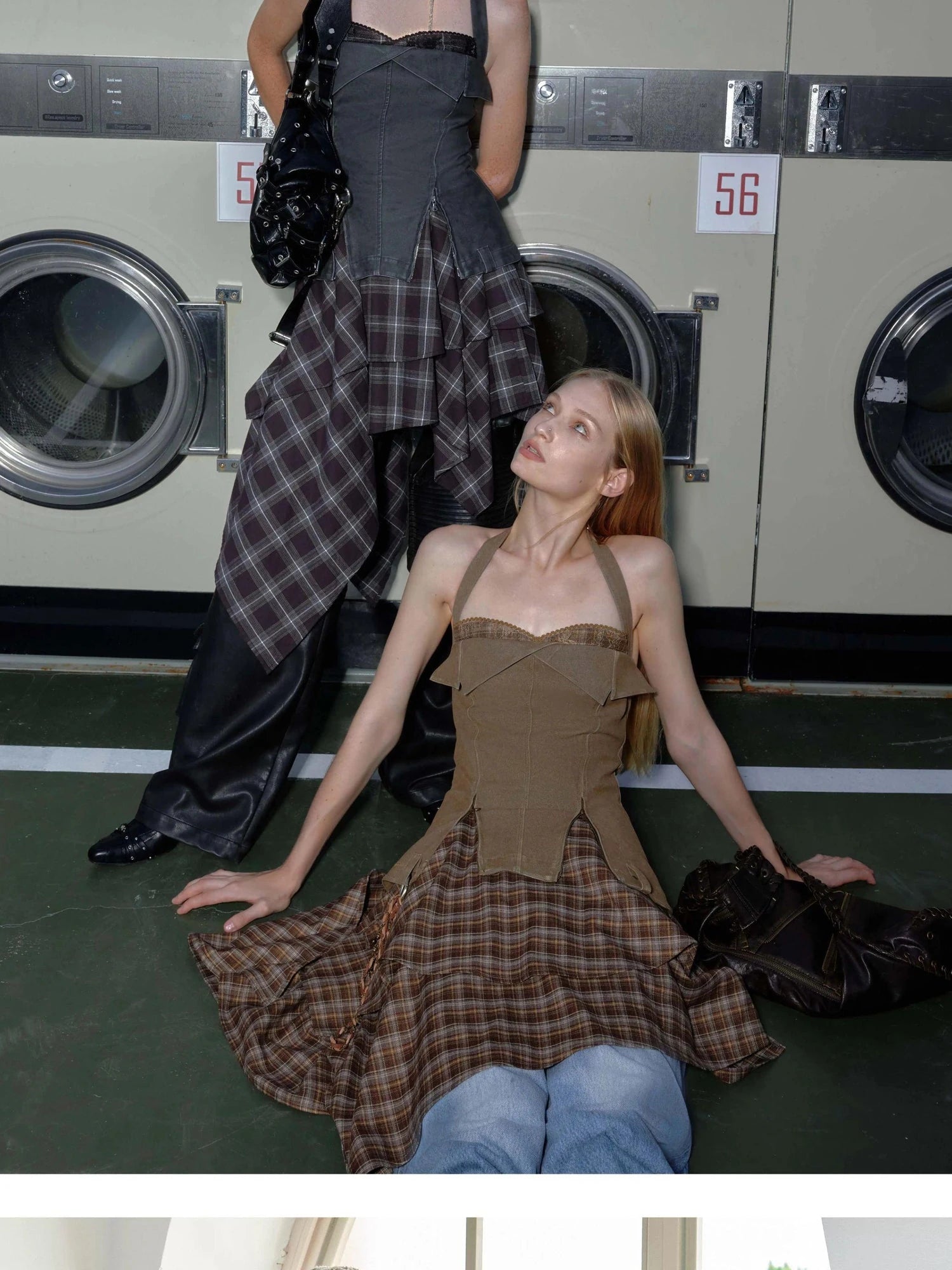 Vintage Wash Punk Plaid Patchwork Halter V Neck Dress