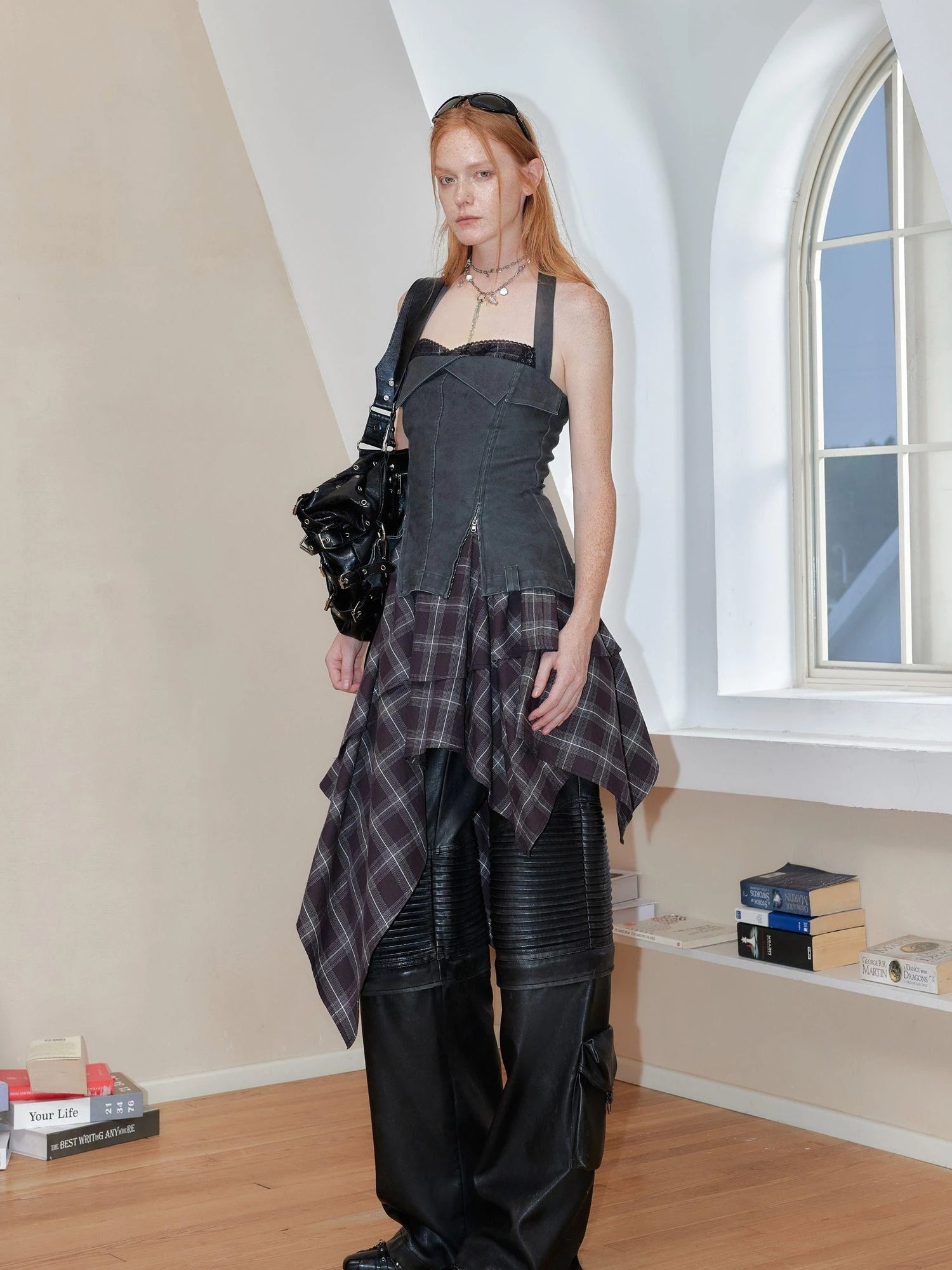 Vintage Wash Punk Plaid Patchwork Halter V Neck Dress