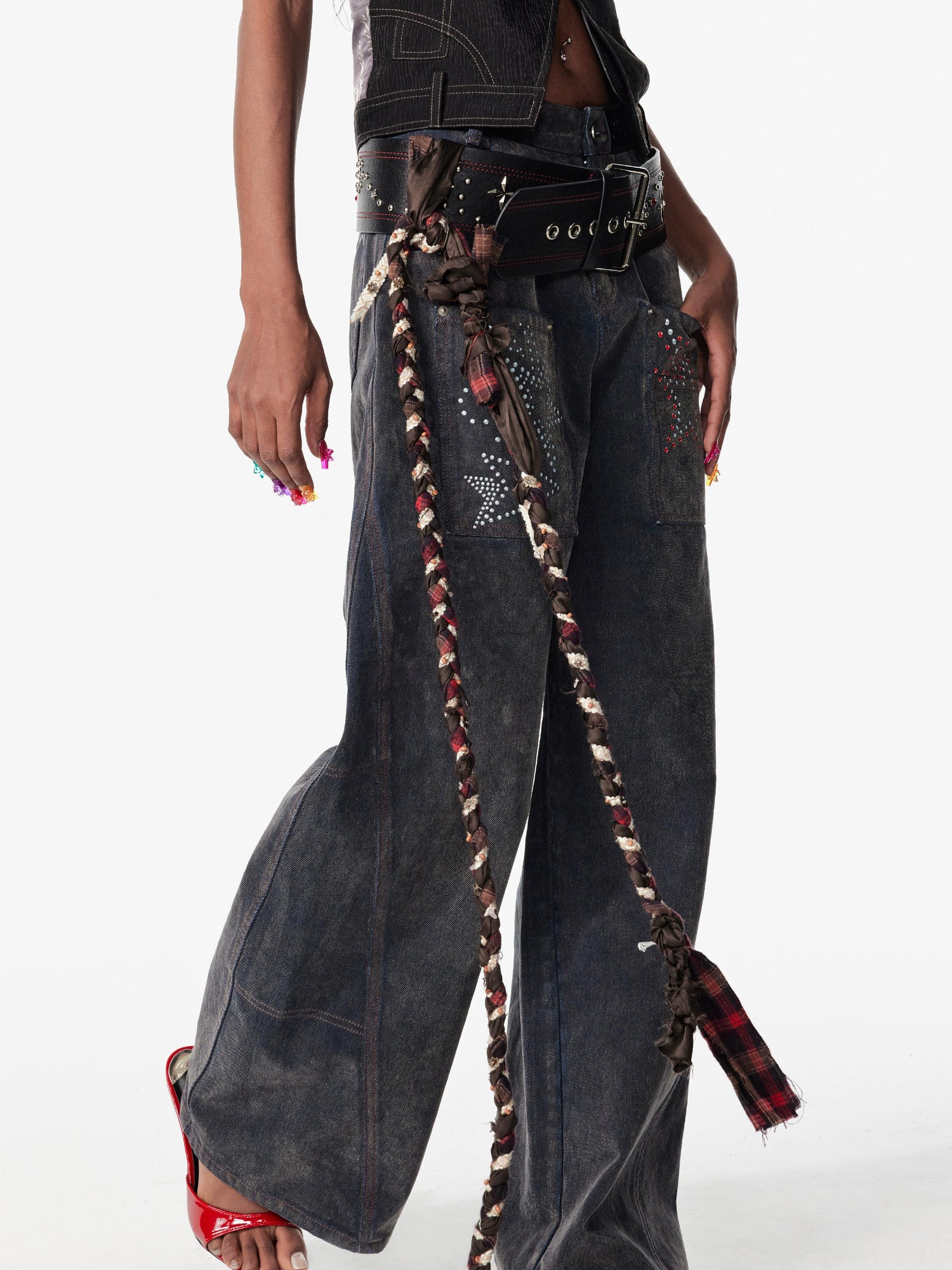 2th Desire Vintage Wash Star Print Flare Jeans For Women