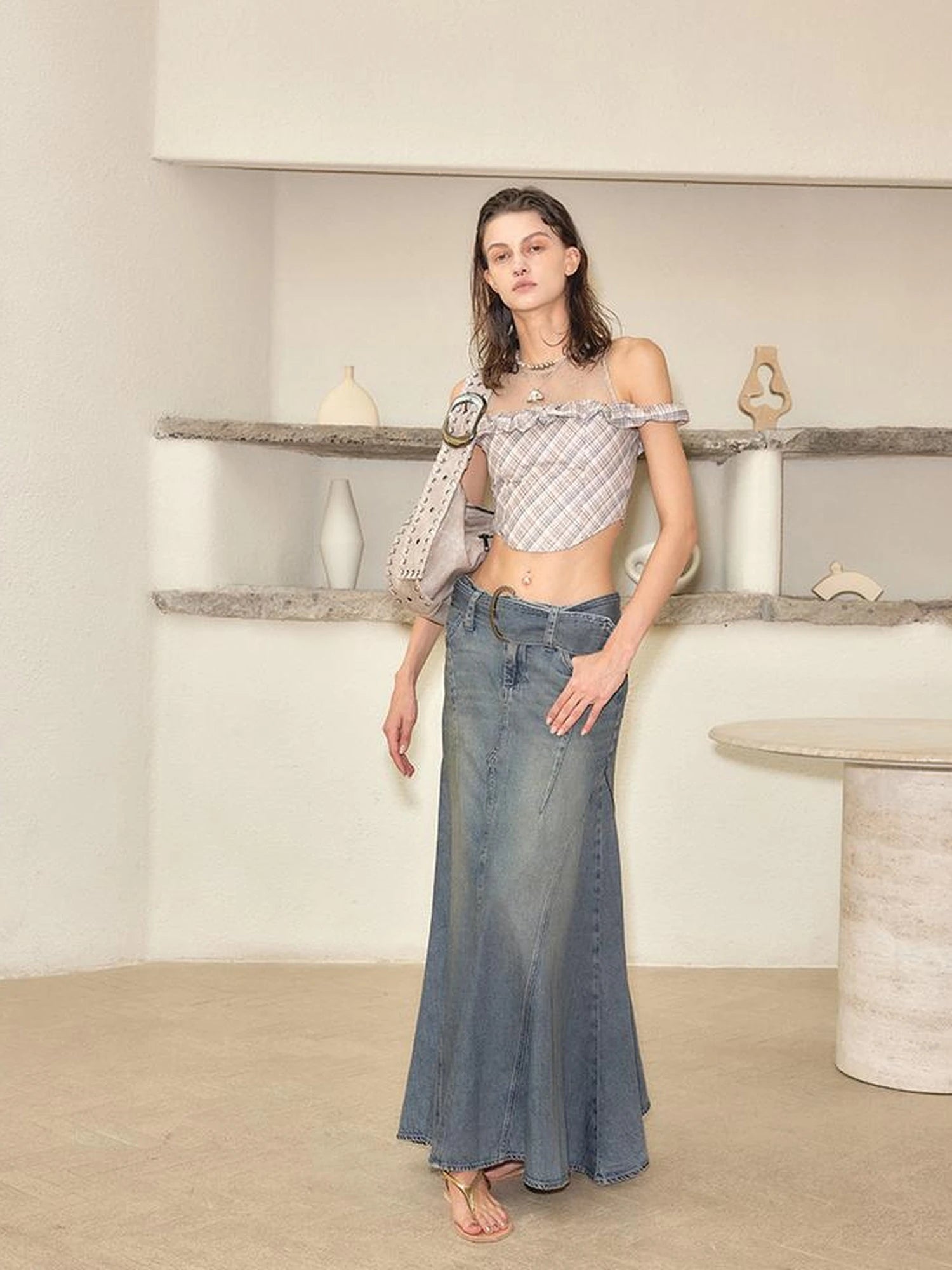 Vintage Washed Blue Denim Mermaid Maxi Skirt with Belt