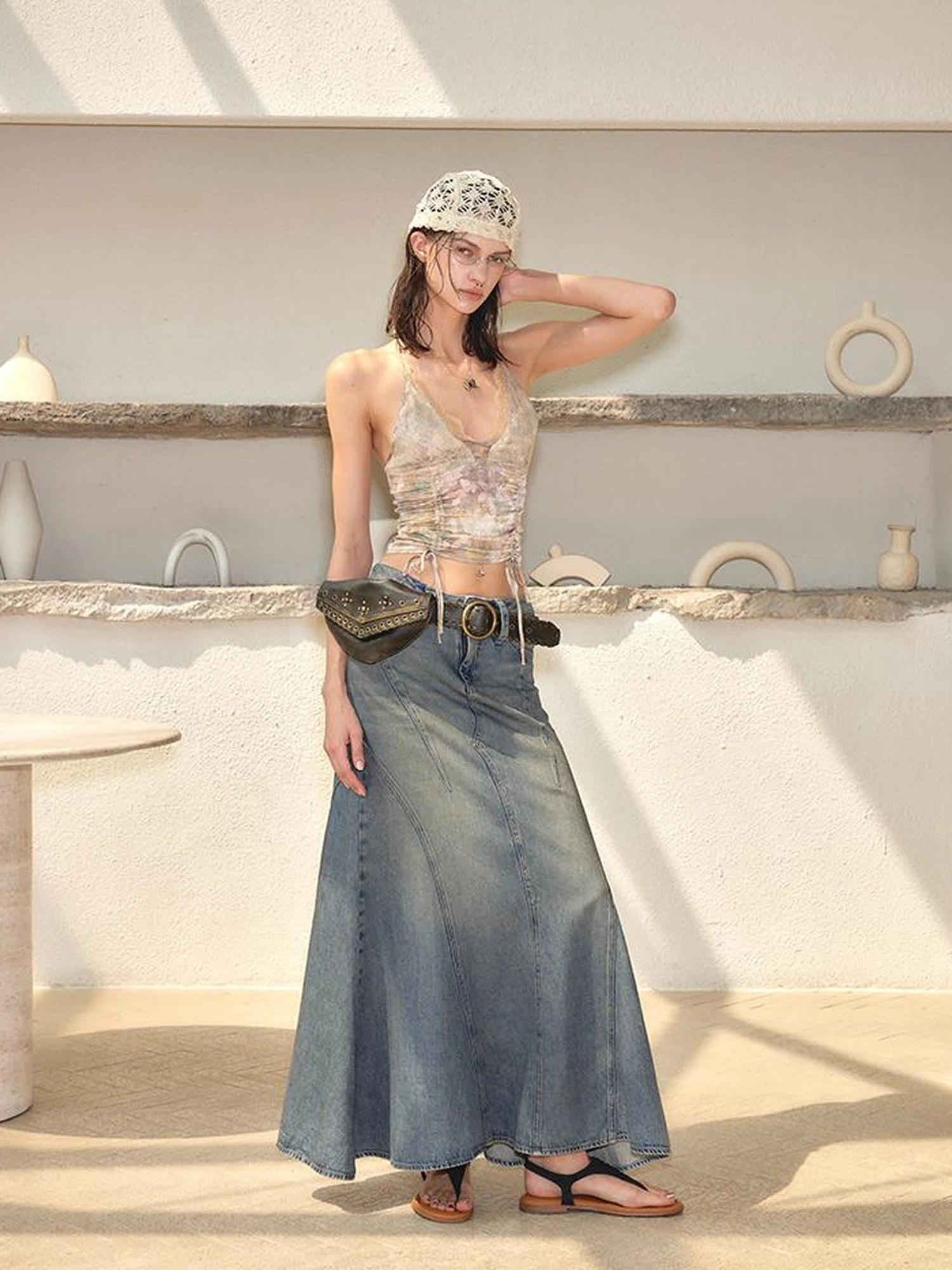 Vintage Washed Blue Denim Mermaid Maxi Skirt with Belt