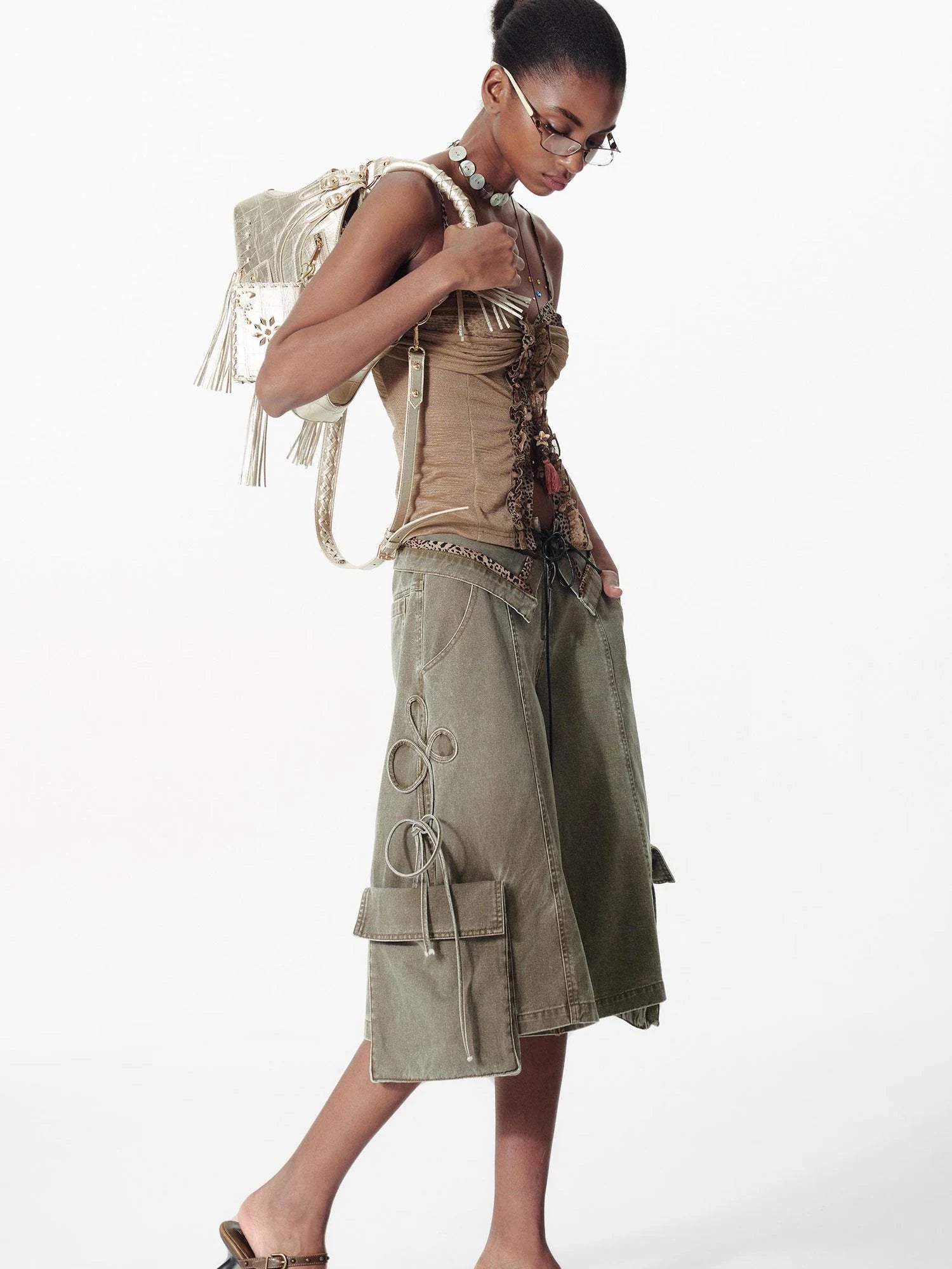 Vintage Washed Deconstructed Camo Cargo Shorts With Bow Detail