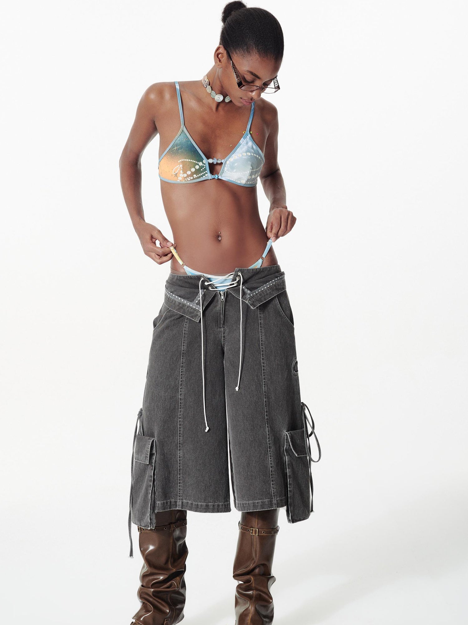 2th Desire Vintage Washed Deconstructed Camo Cargo Shorts With Bow Detail