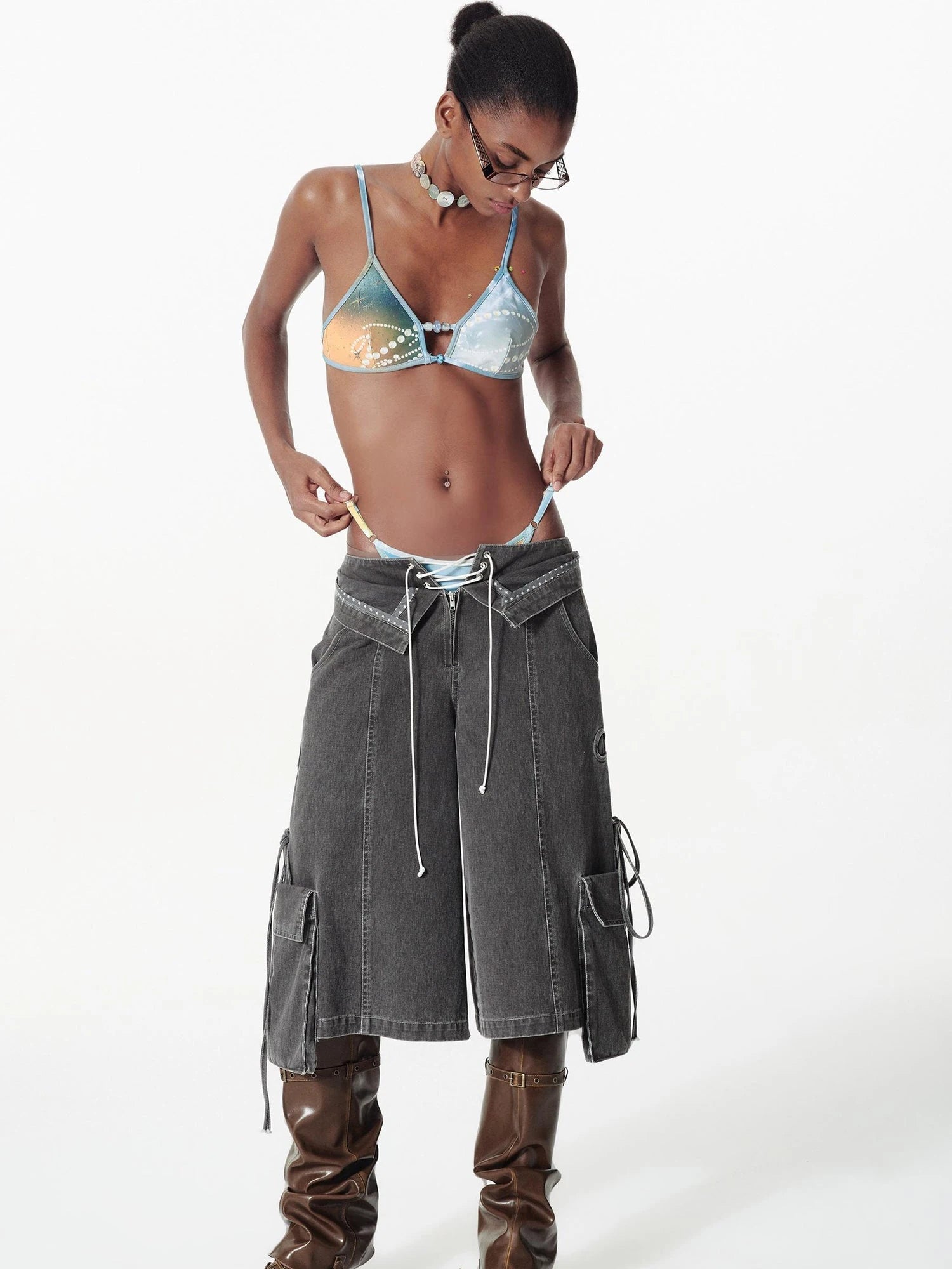 Vintage Washed Deconstructed Camo Cargo Shorts With Bow Detail