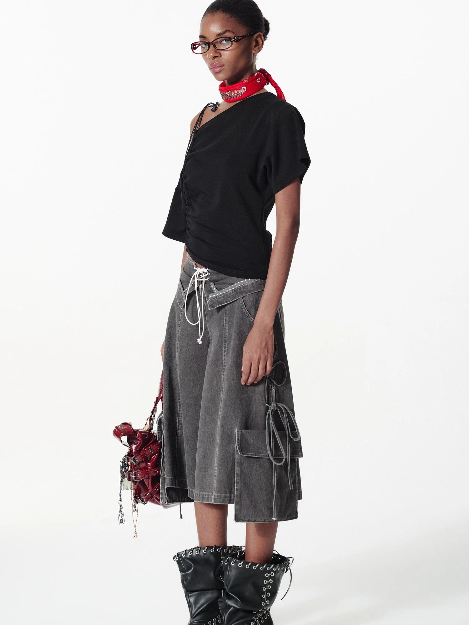 Vintage Washed Deconstructed Camo Cargo Shorts With Bow Detail