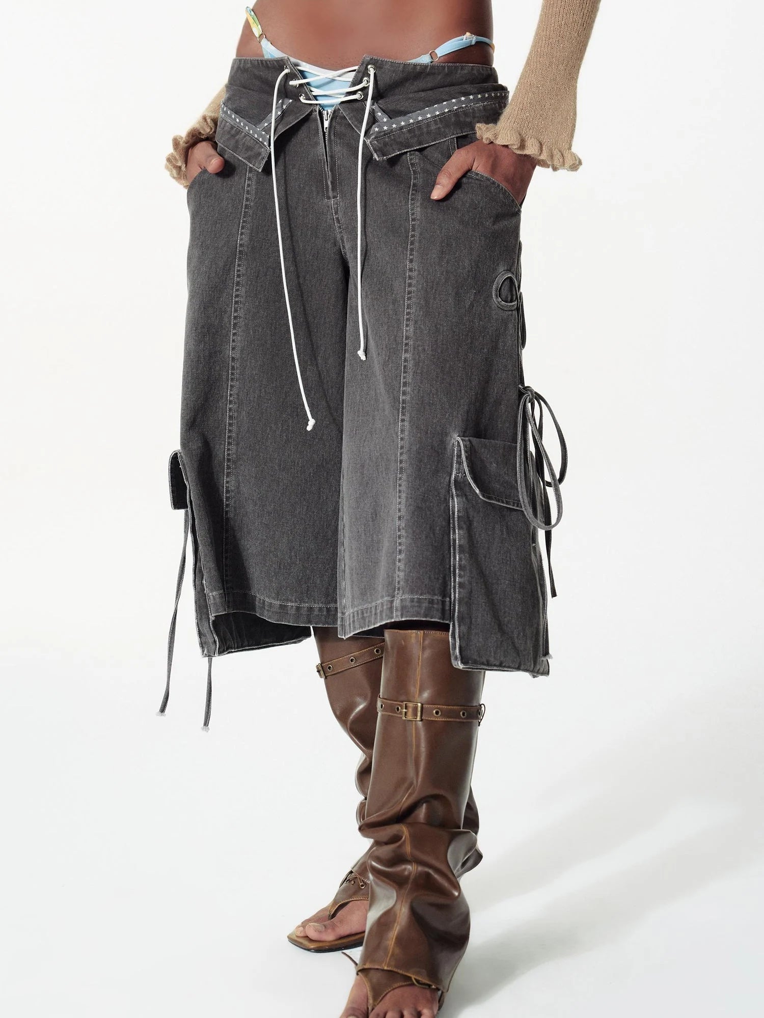 Vintage Washed Deconstructed Camo Cargo Shorts With Bow Detail