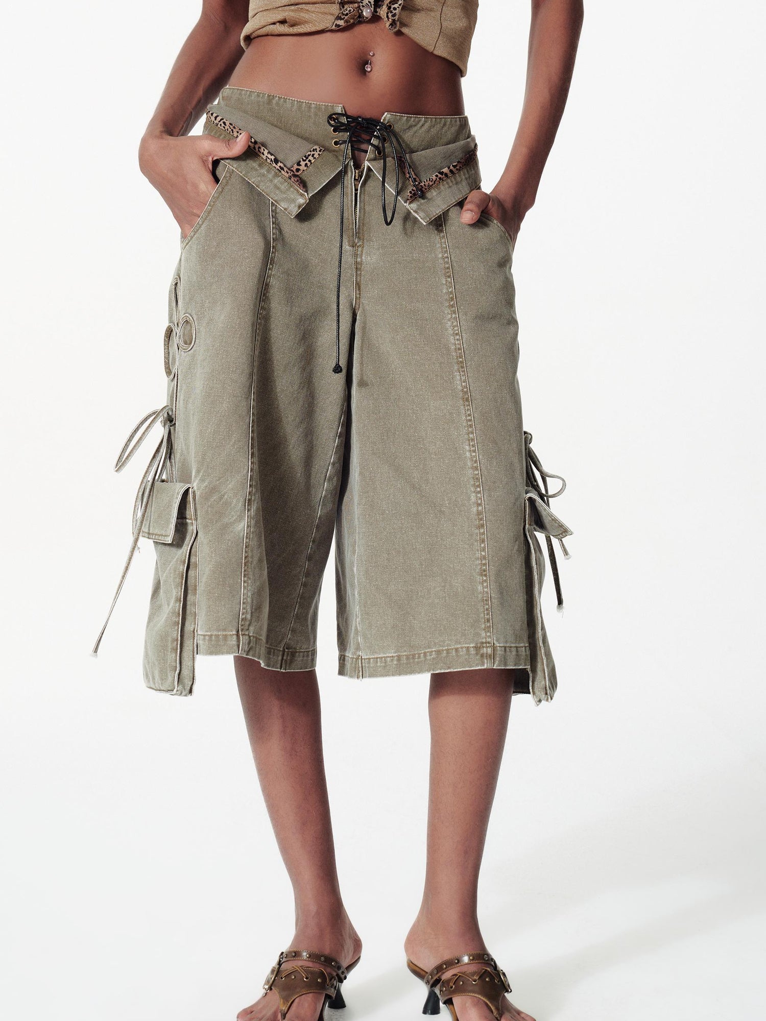 2th Desire Vintage Washed Deconstructed Camo Cargo Shorts With Bow Detail