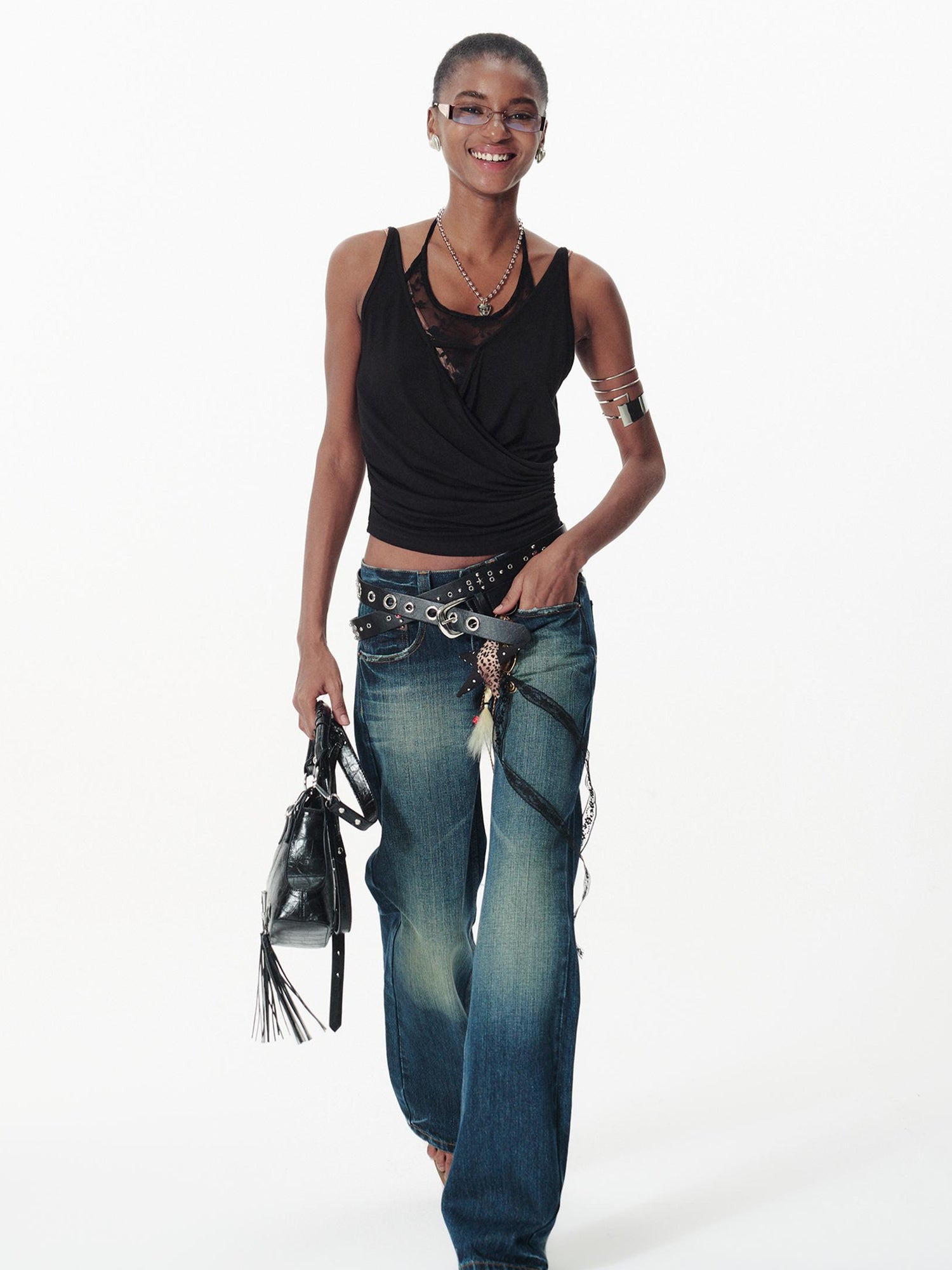 2th Desire Vintage Washed Distressed Low Rise Embroidered Denim Pants