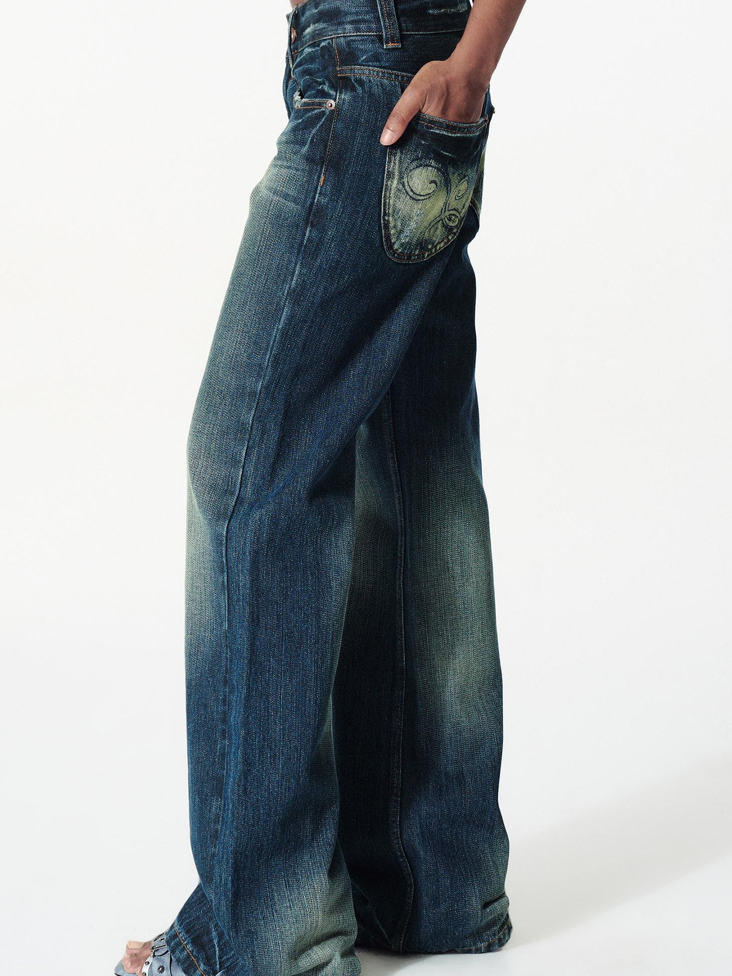 2th Desire Vintage Washed Distressed Low Rise Embroidered Denim Pants