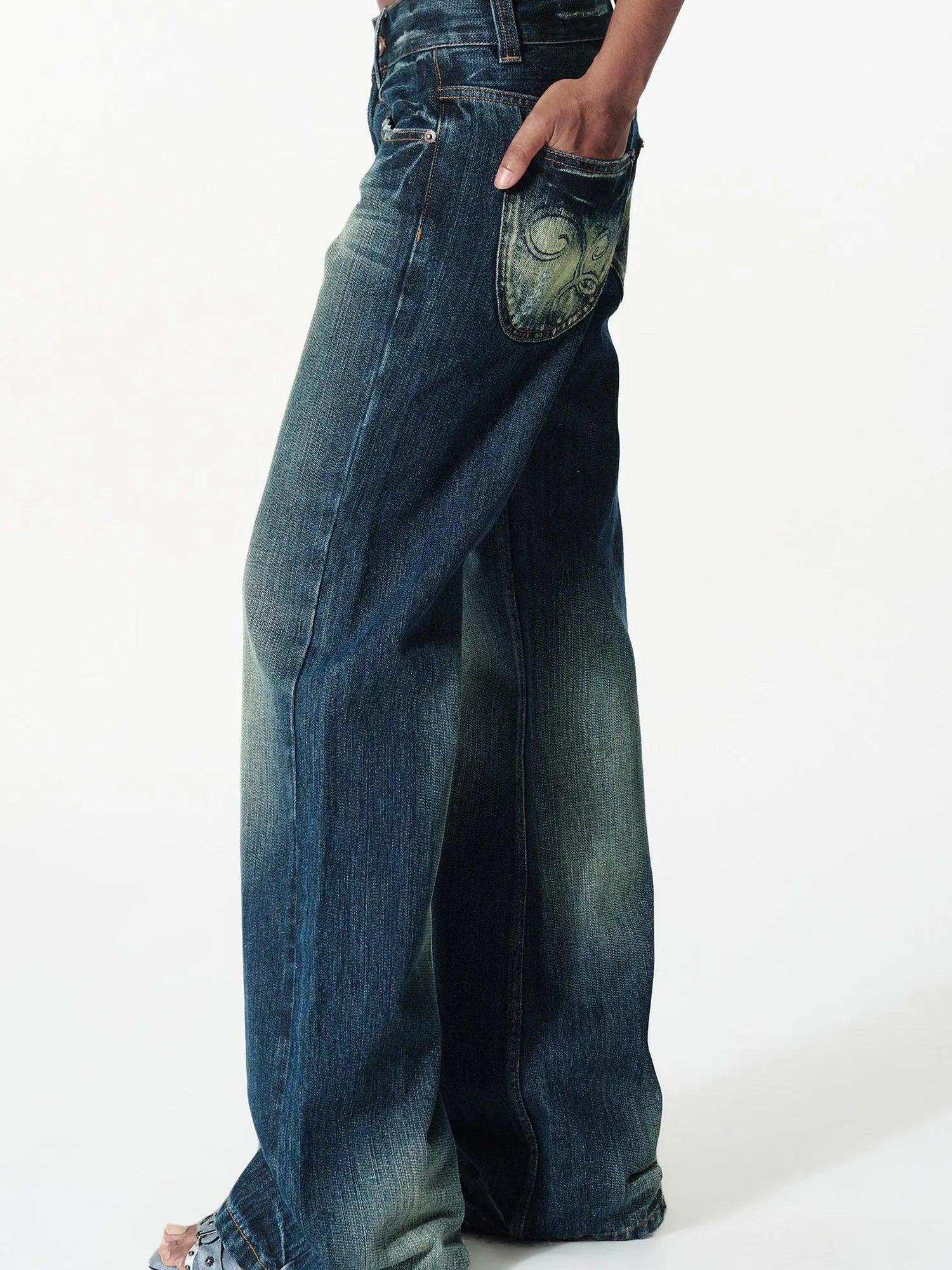 Vintage Washed Distressed Low Rise Embroidered Denim Pants