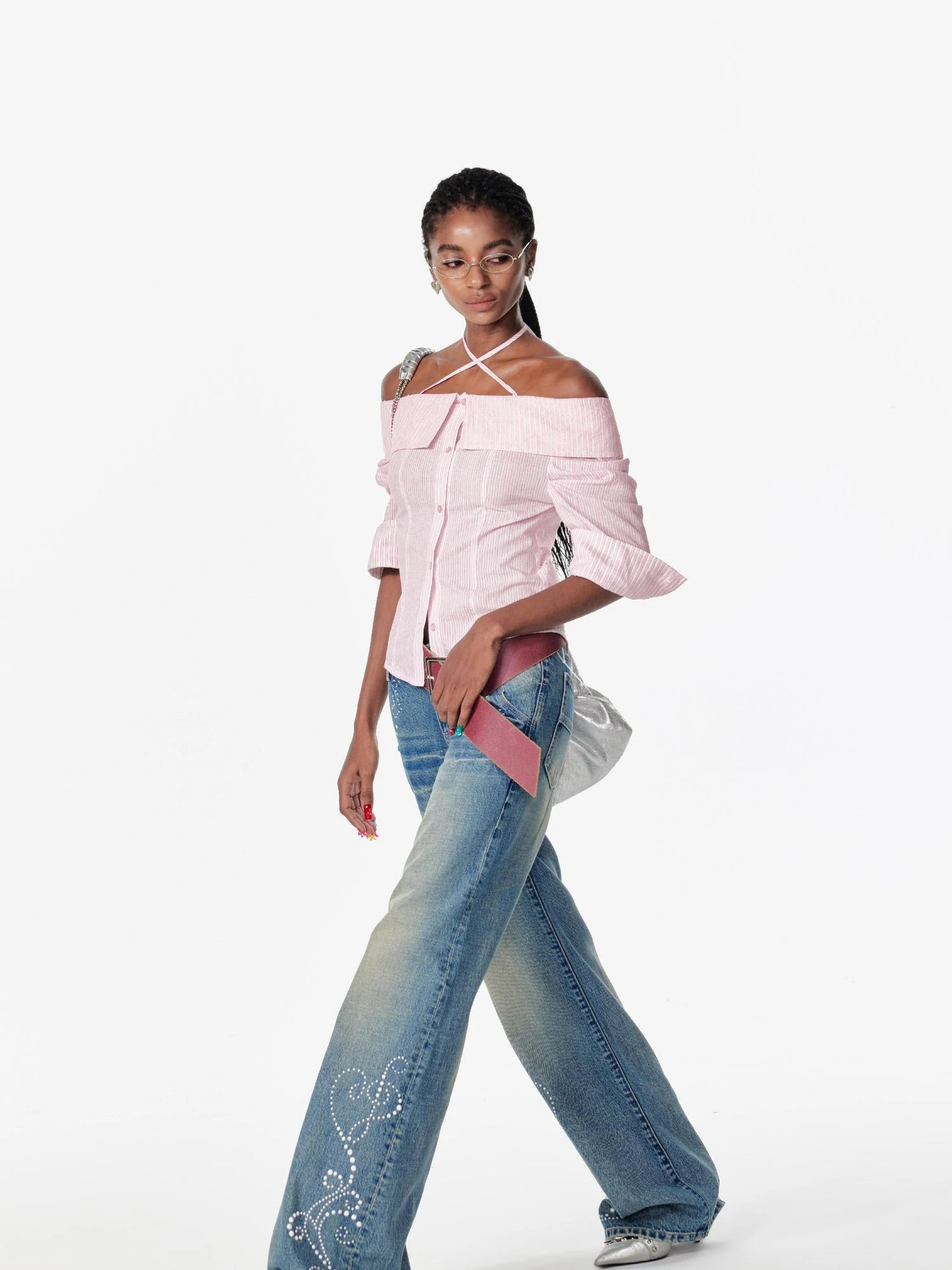 Vintage Washed Star Embroidered Flare Low Rise Jeans