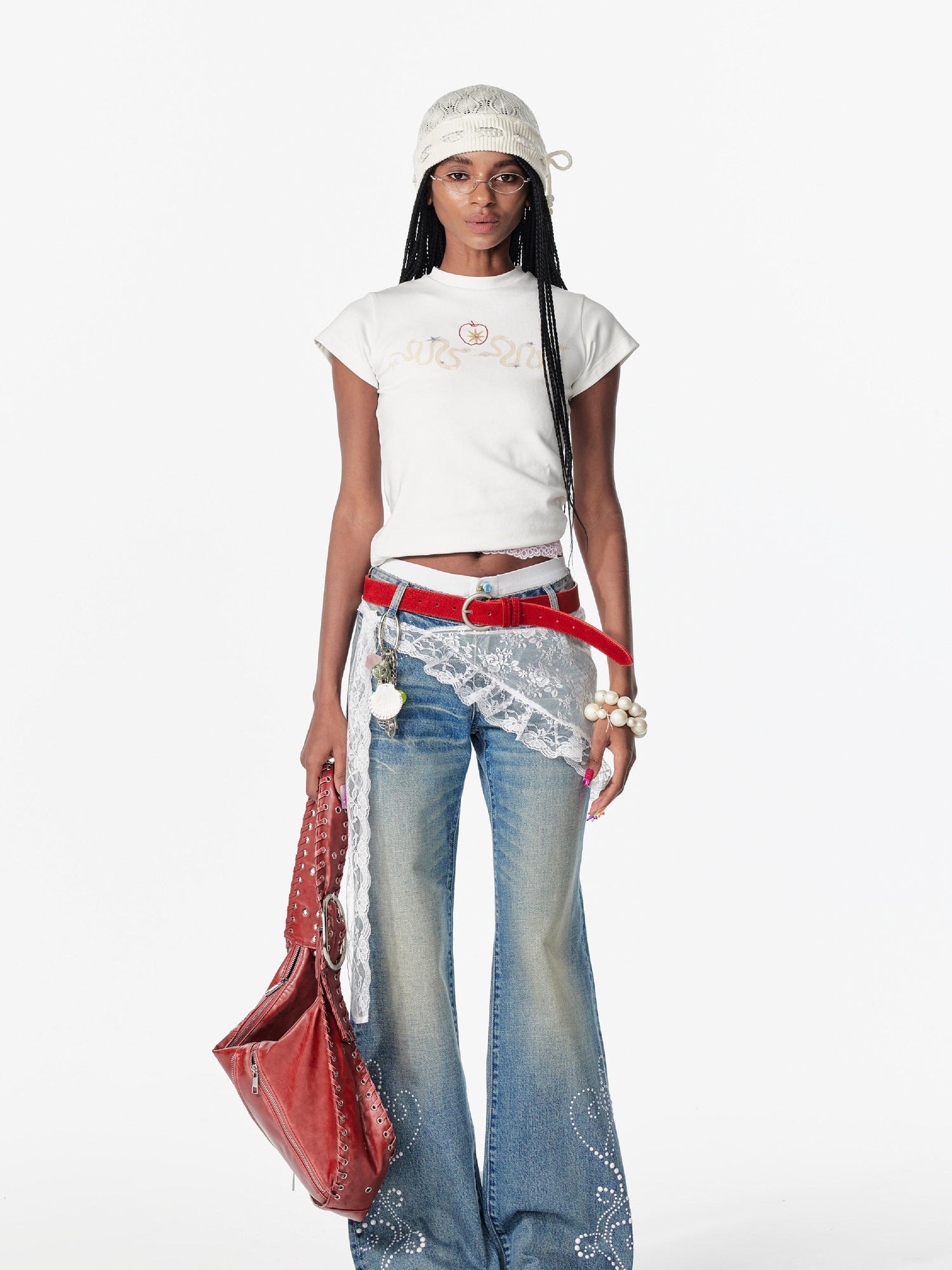 2th Desire Vintage Washed Star Embroidered Flare Low Rise Jeans