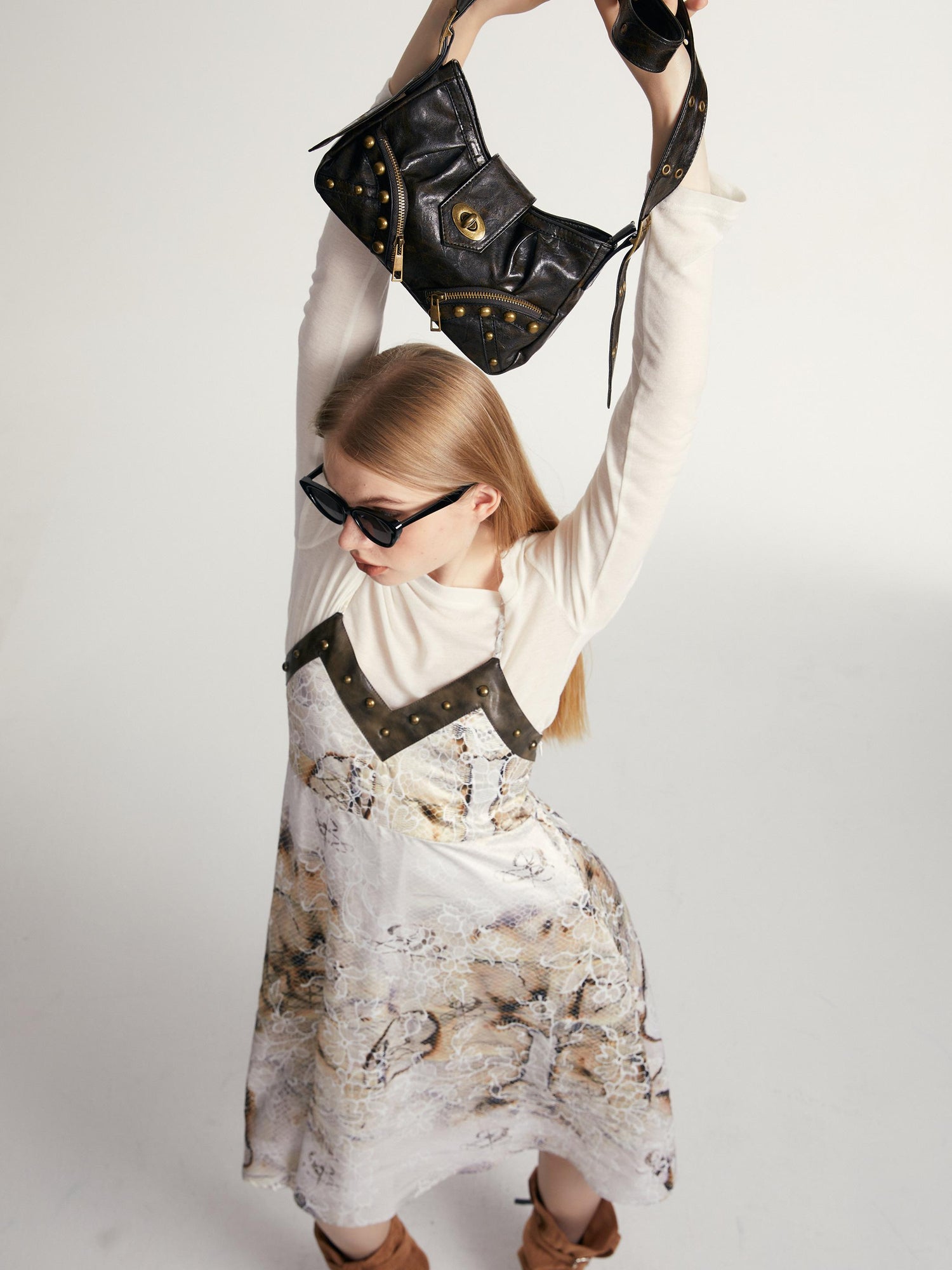 2th Desire Vintage Y2 K Black Brown Leather Shoulder Tote