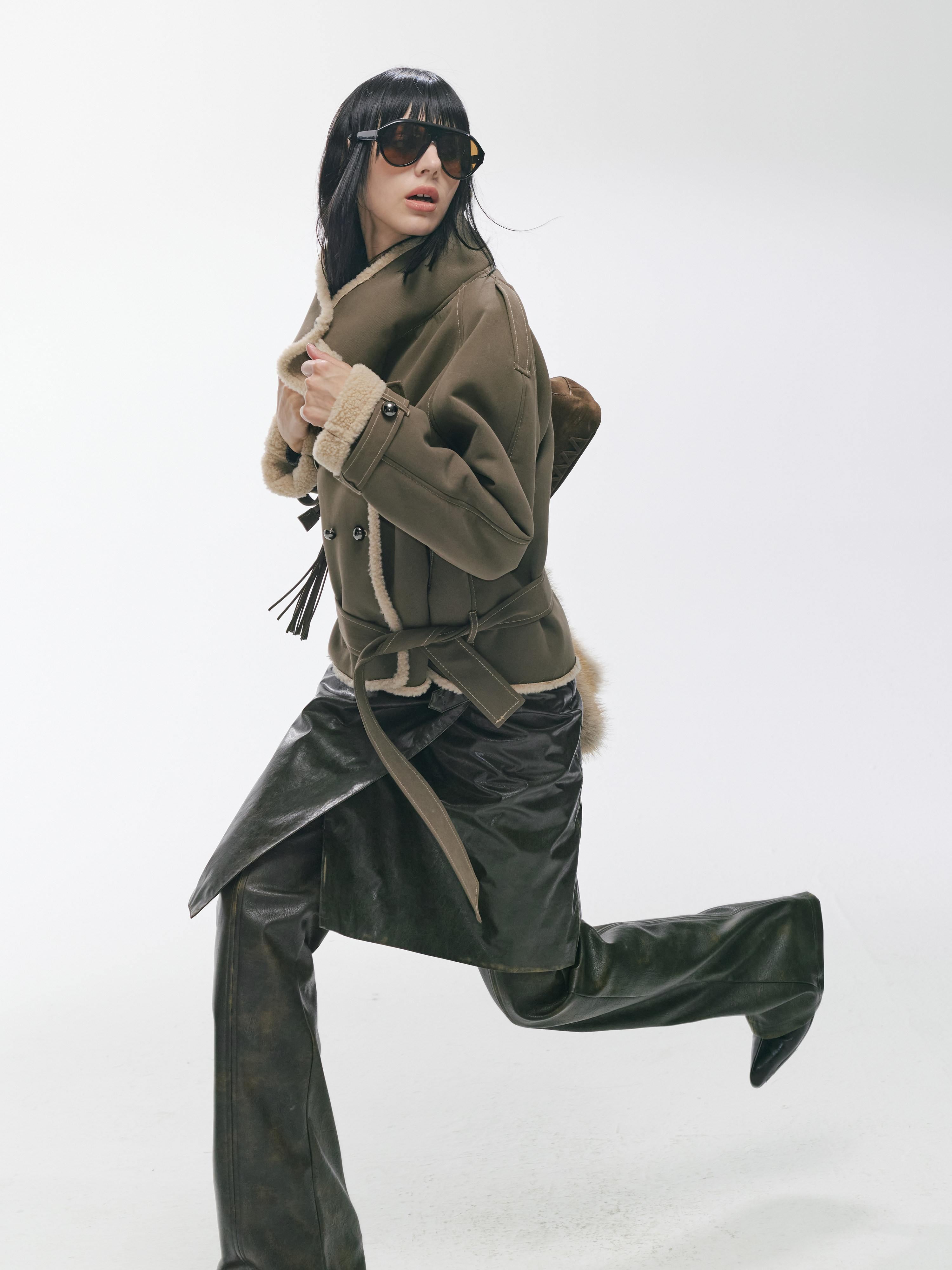 2th Desire Waist Cinching Punk Fur Trim Short Lapel Longsleeve Women Gray Green Coats
