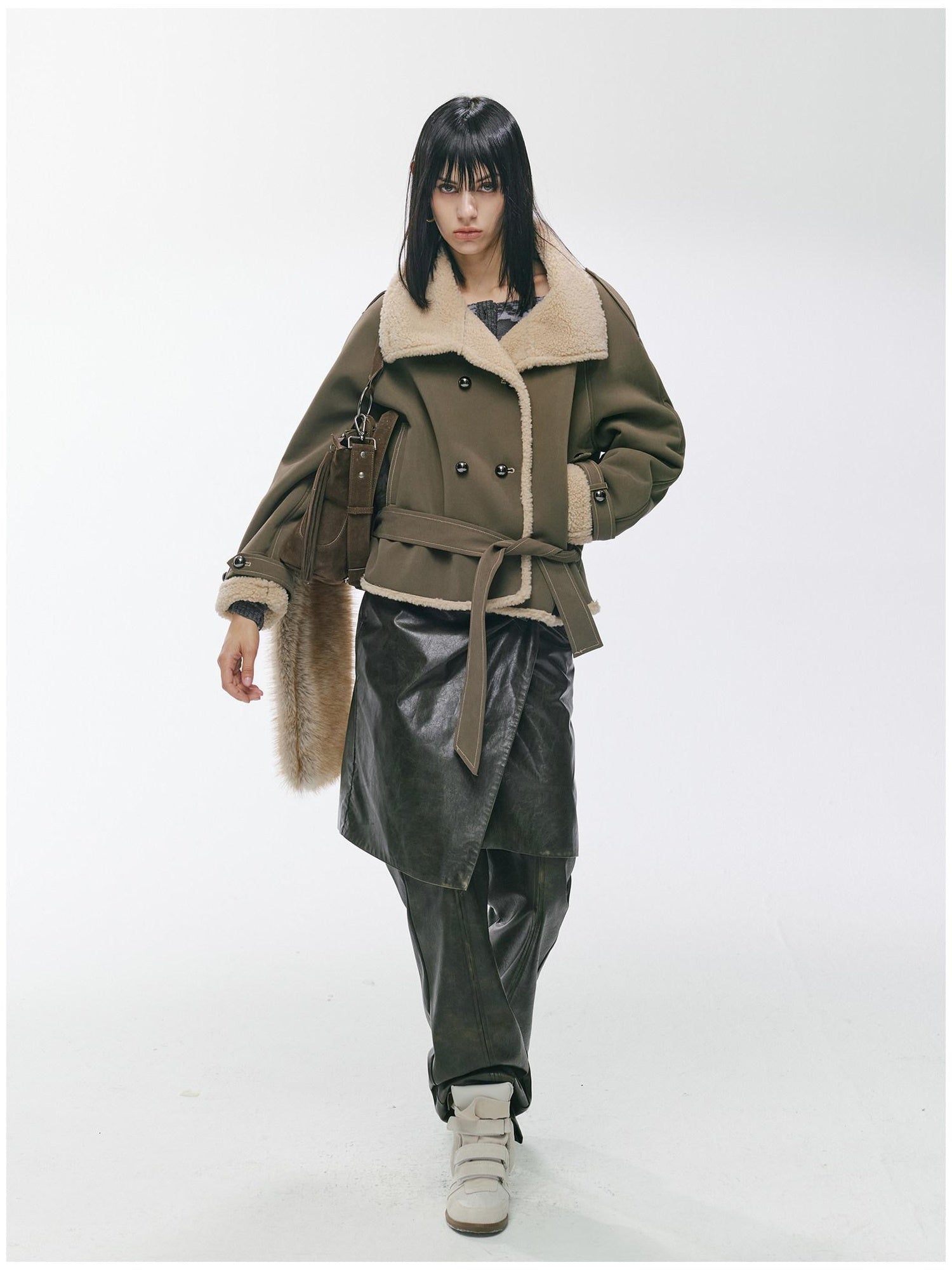 2th Desire Waist Cinching Punk Fur Trim Short Lapel Longsleeve Women Gray Green Coats