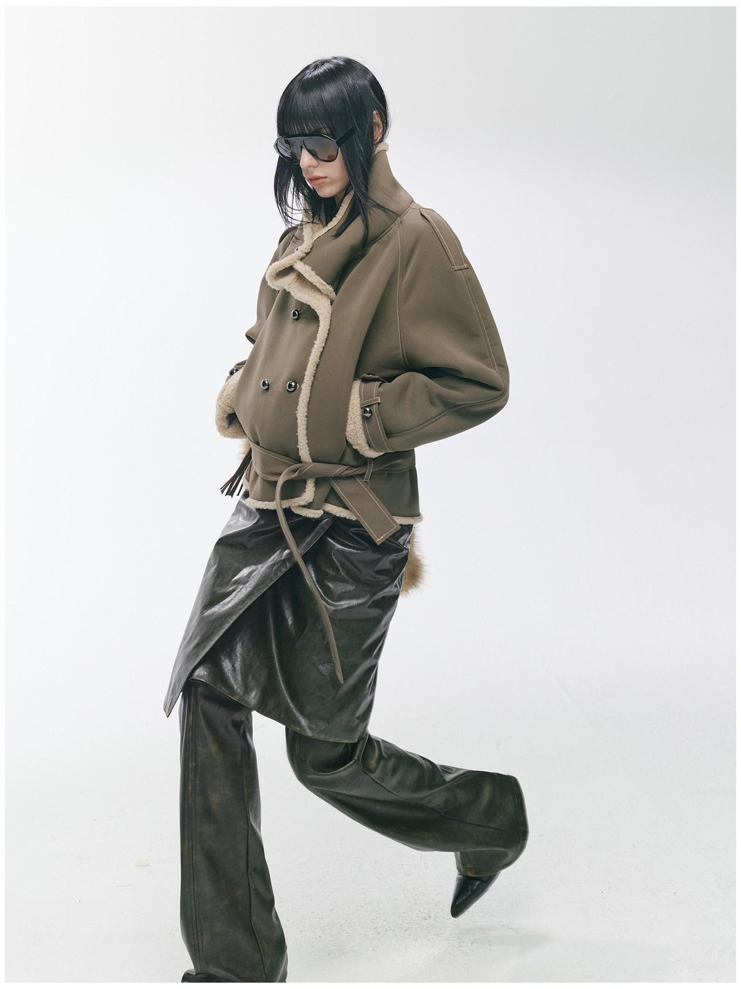 2th Desire Waist Cinching Punk Fur Trim Short Lapel Longsleeve Women Gray Green Coats