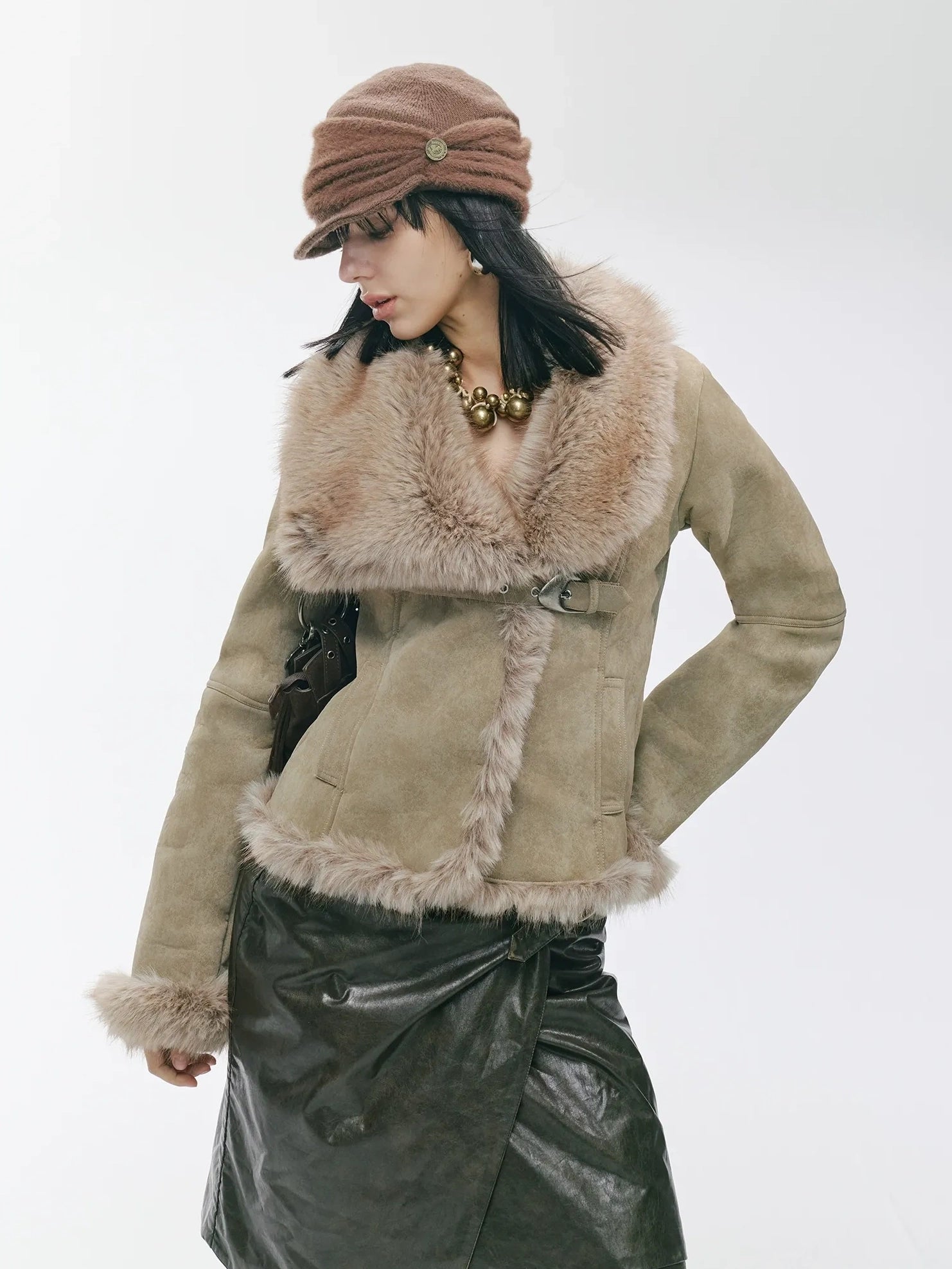 2th Desire Warm Faux Shearling Lined Vintage Cinched Waist Asymmetric Lapel Women Jacket