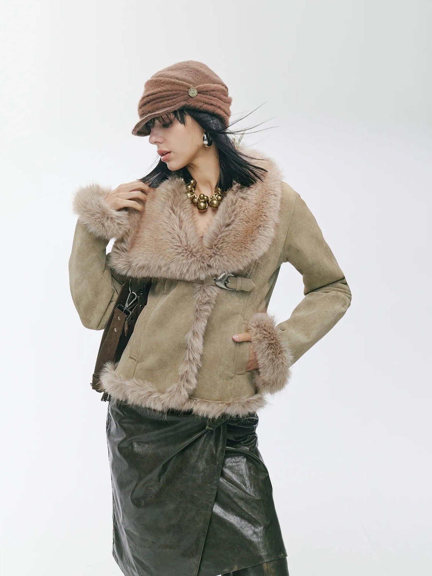 2th Desire Warm Faux Shearling Lined Vintage Cinched Waist Asymmetric Lapel Women Jacket