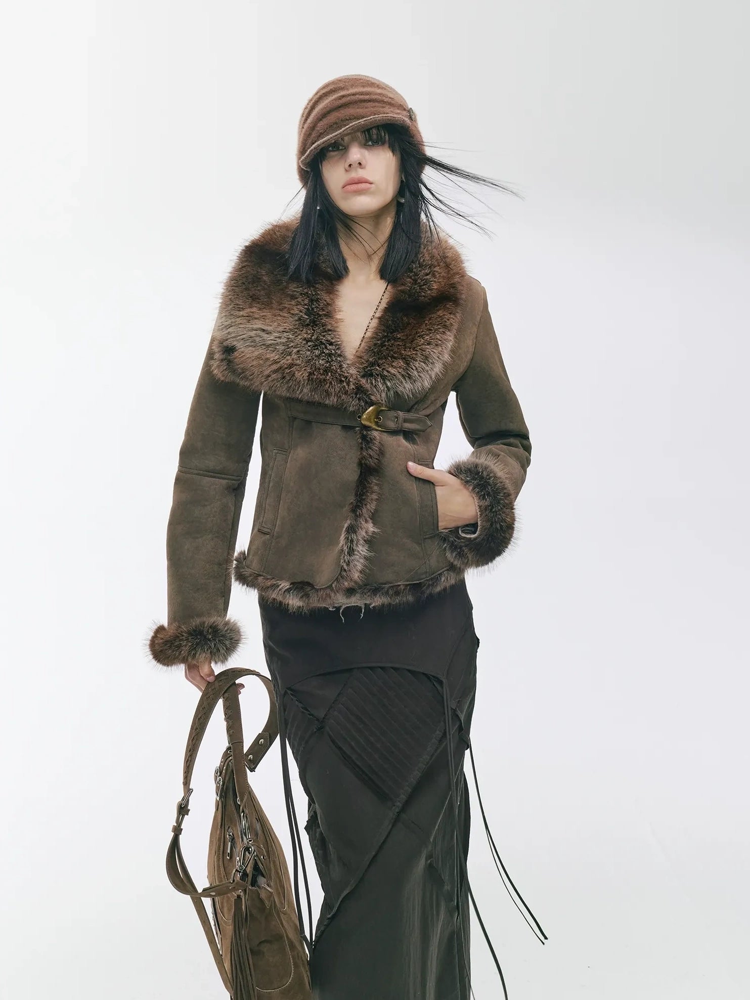 2th Desire Warm Faux Shearling Lined Vintage Cinched Waist Asymmetric Lapel Women Jacket